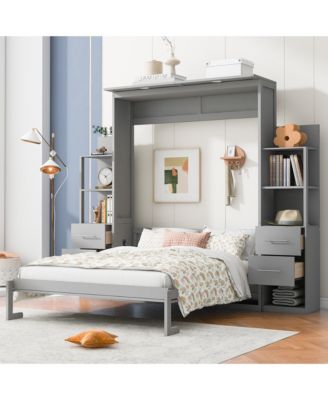 Queen Size Murphy Bed Wall Bed with Shelves, Drawers and Lights