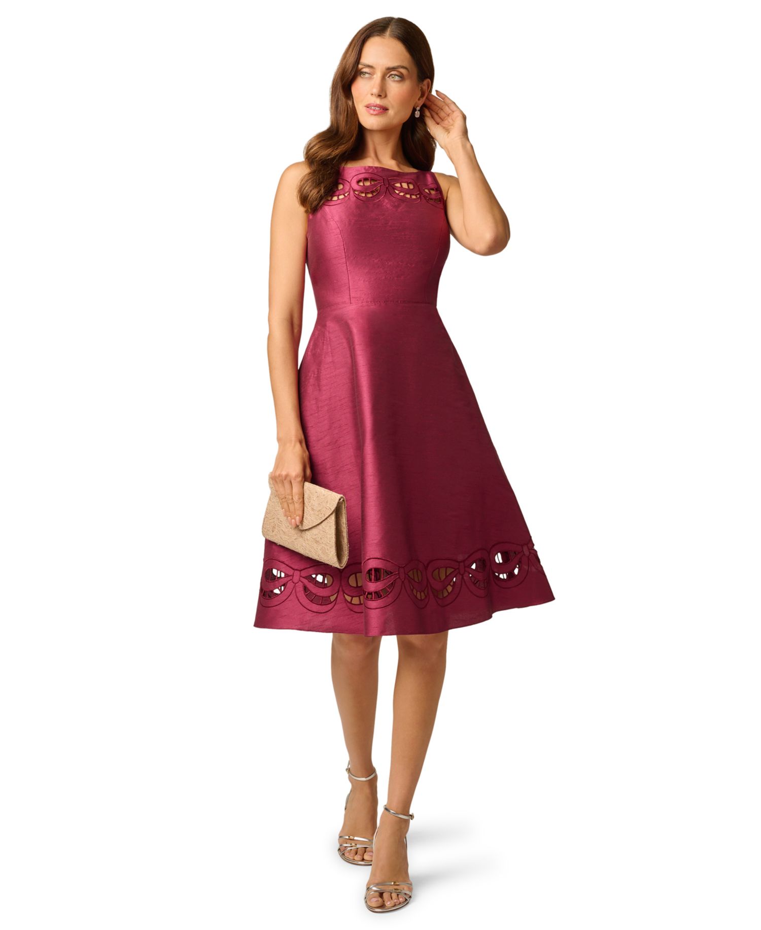 Women's Cutout Dupioni Midi Boat Neck Dress