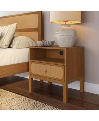 Elio Rattan Cubby Nightstand with 1 Drawer, Electrical Outlet and Brass Knob