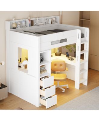 Twin Size Wooden Gaming Loft Bed with U-Shaped Desk, Smart RGB LED Lights,Multi-Functional High Sleeper with 3 Drawers for Teens Adults