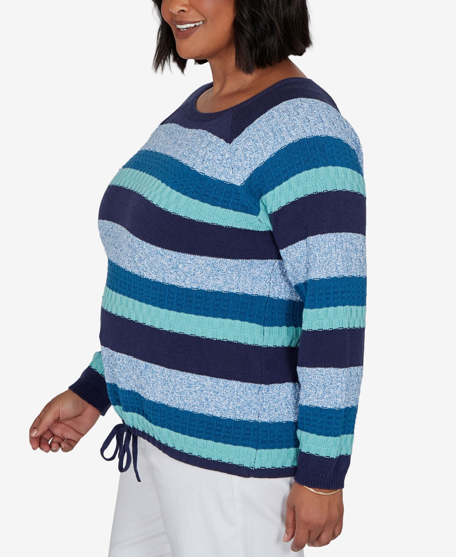 Plus Size Scoop Neck Long-Sleeve Marled-Stripe Pullover Sweater