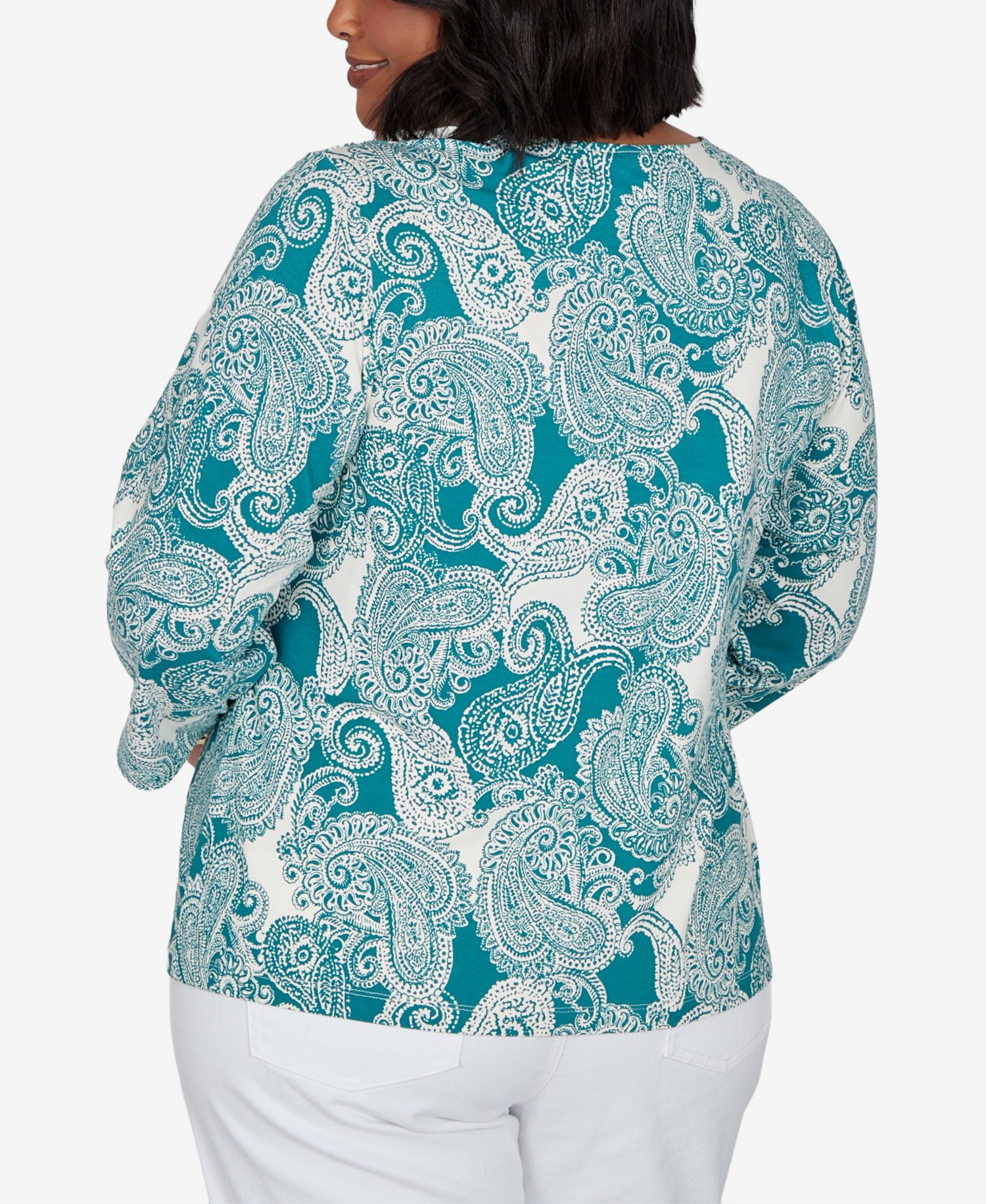 Plus Size Stamped Paisley 3/4-Sleeve Scoop Neck T-Shirt