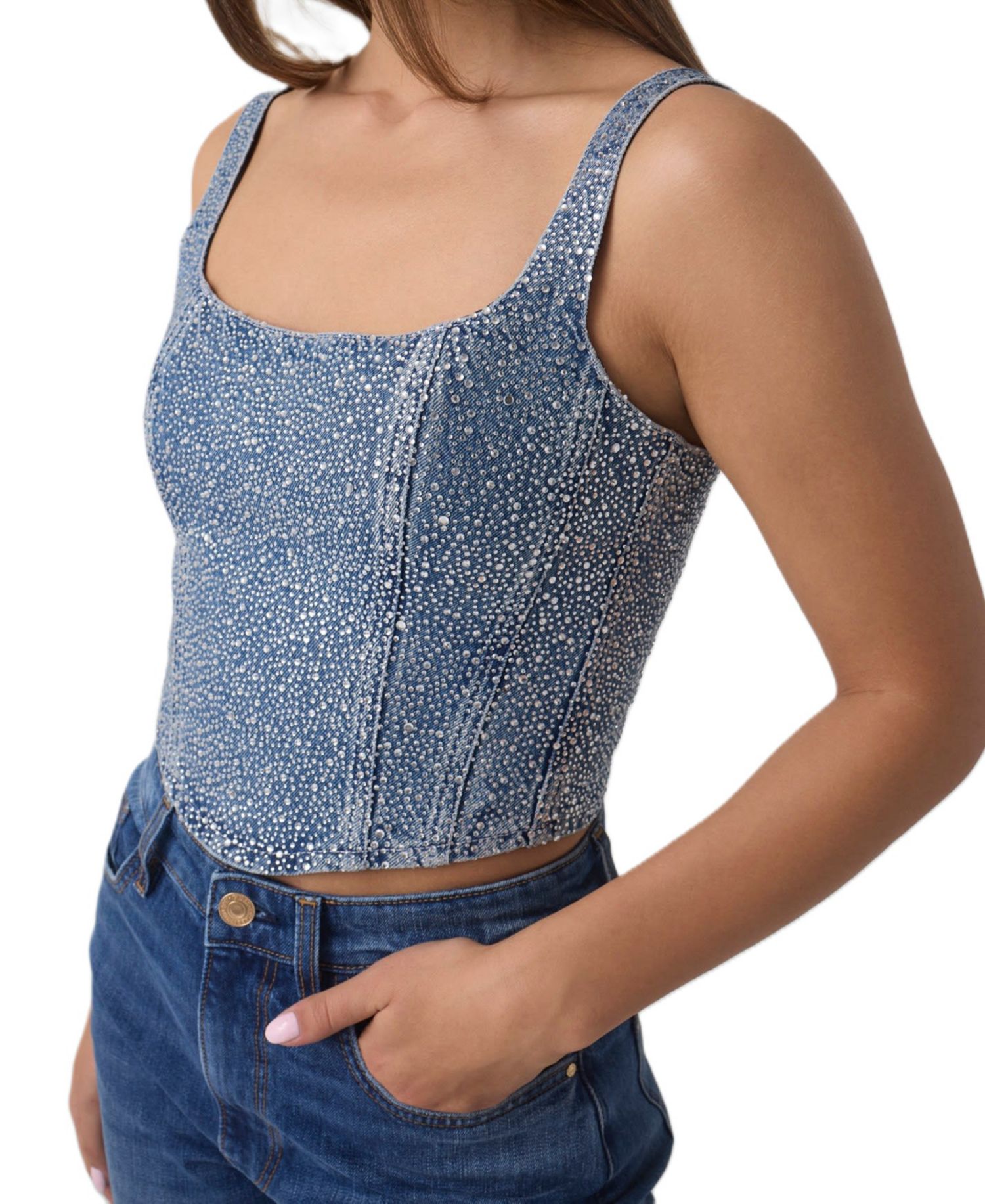 Women's Gala Square-Neck Embellished Sleeveless Denim Bustier