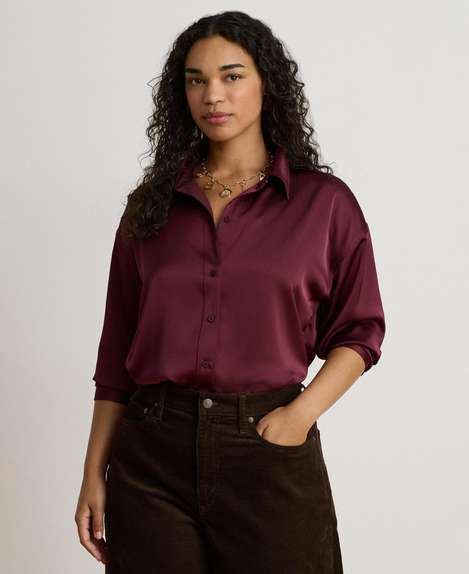 Petite Long-Sleeve Satin Blouse