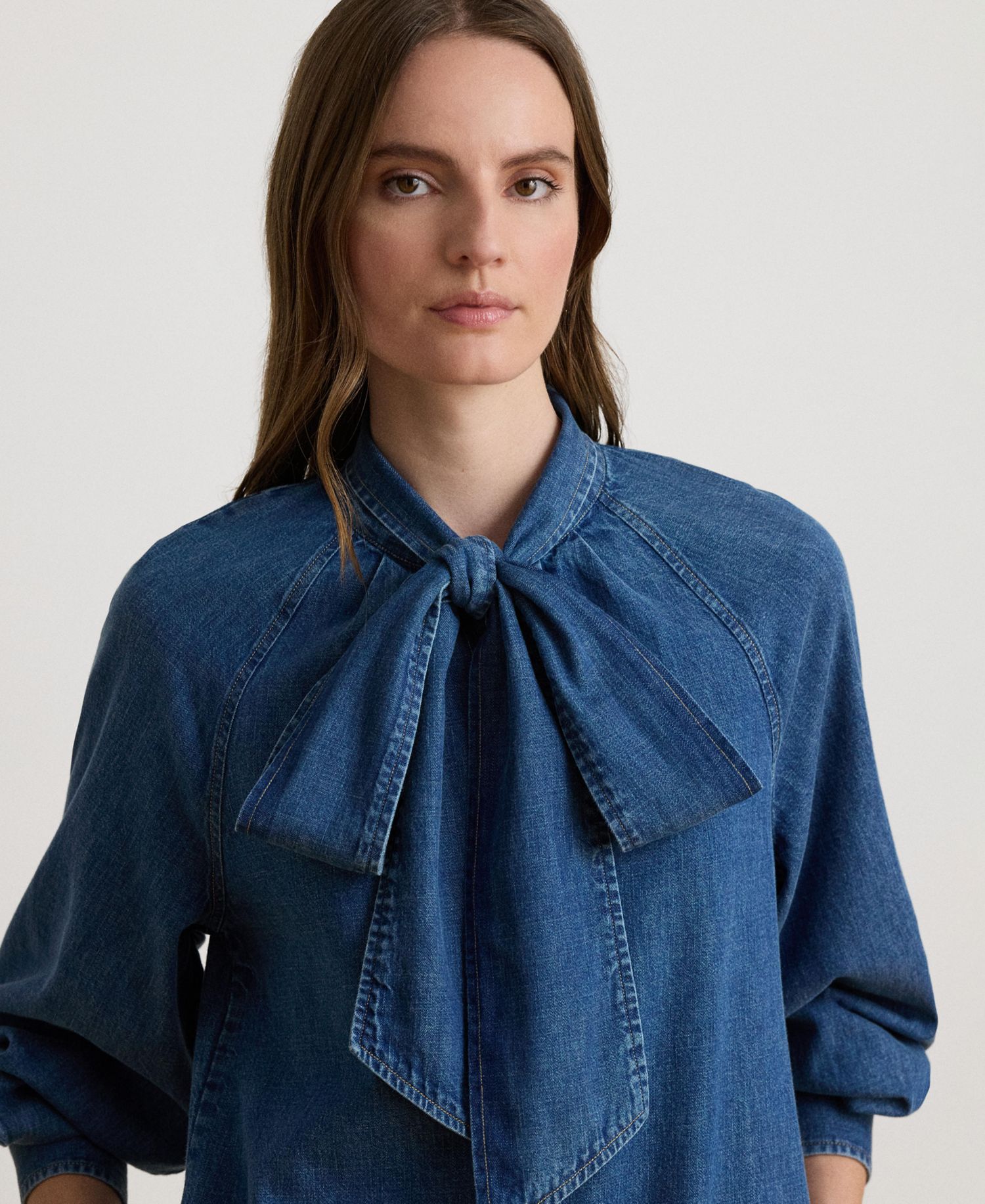 Women's Denim Tie-Neck Midi Shirtdress