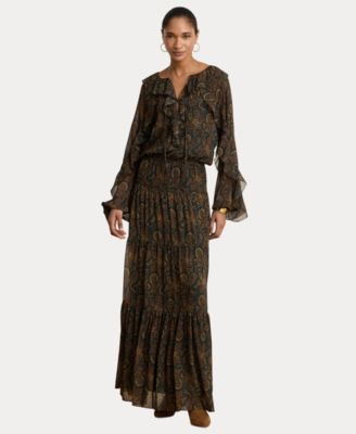 Women's Paisley Long-Sleeve Tiered Maxi Dress