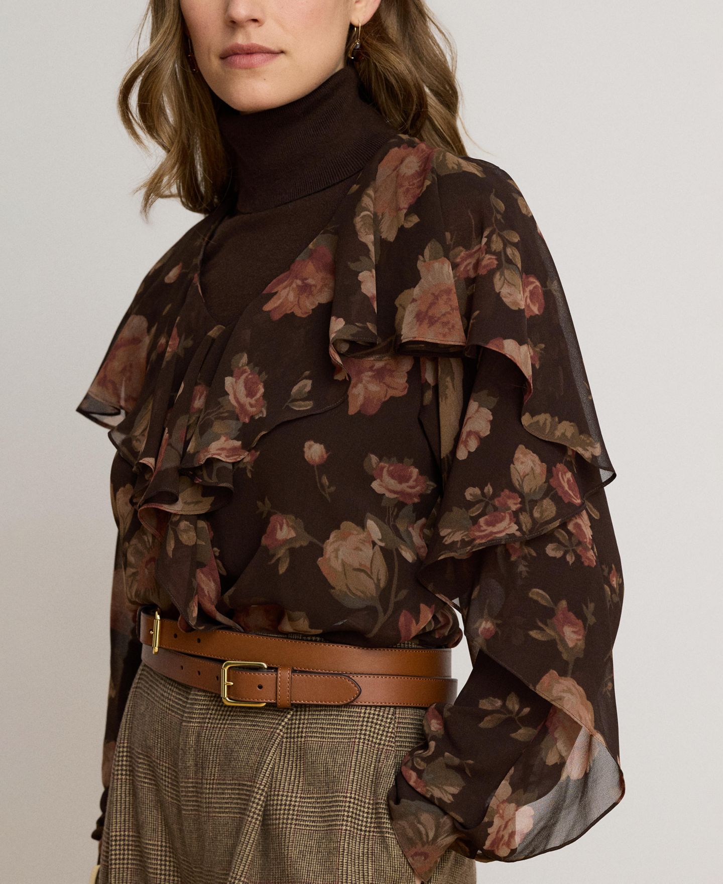 Женская блузка Lauren Ralph Lauren Graceful Floral-Print Ruffle-Trim Chiffon V-Neck, цвет: Коричневый разноцветный — фото 5