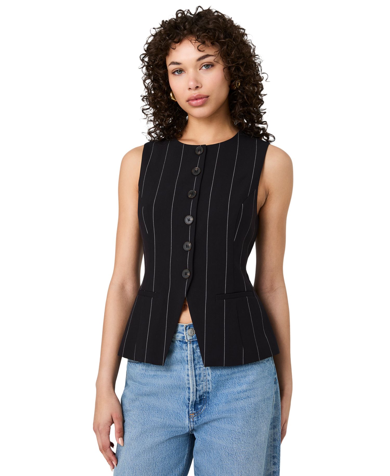 Women's Wide Pinstripe Suiting Sleeveless Peplum Top