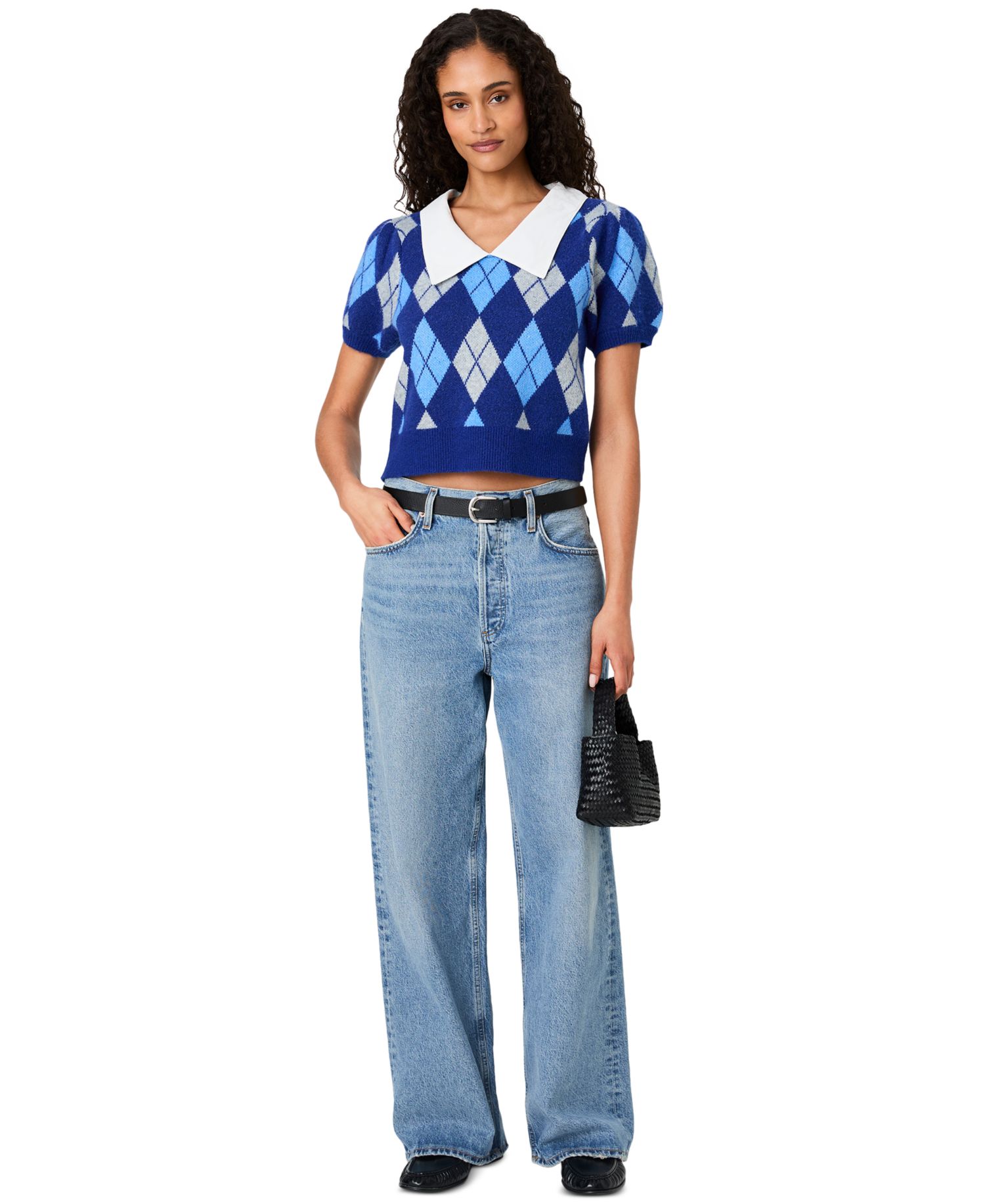 Women's Koda Puff-Sleeve Argyle-Jacquard Collared Top