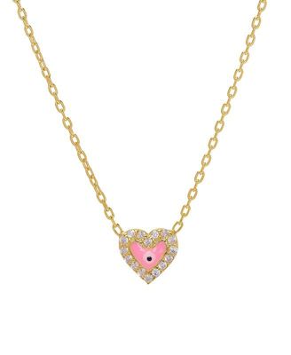 Girls Enamel Evil Eye Heart Cubic Zirconia Necklace in 14K