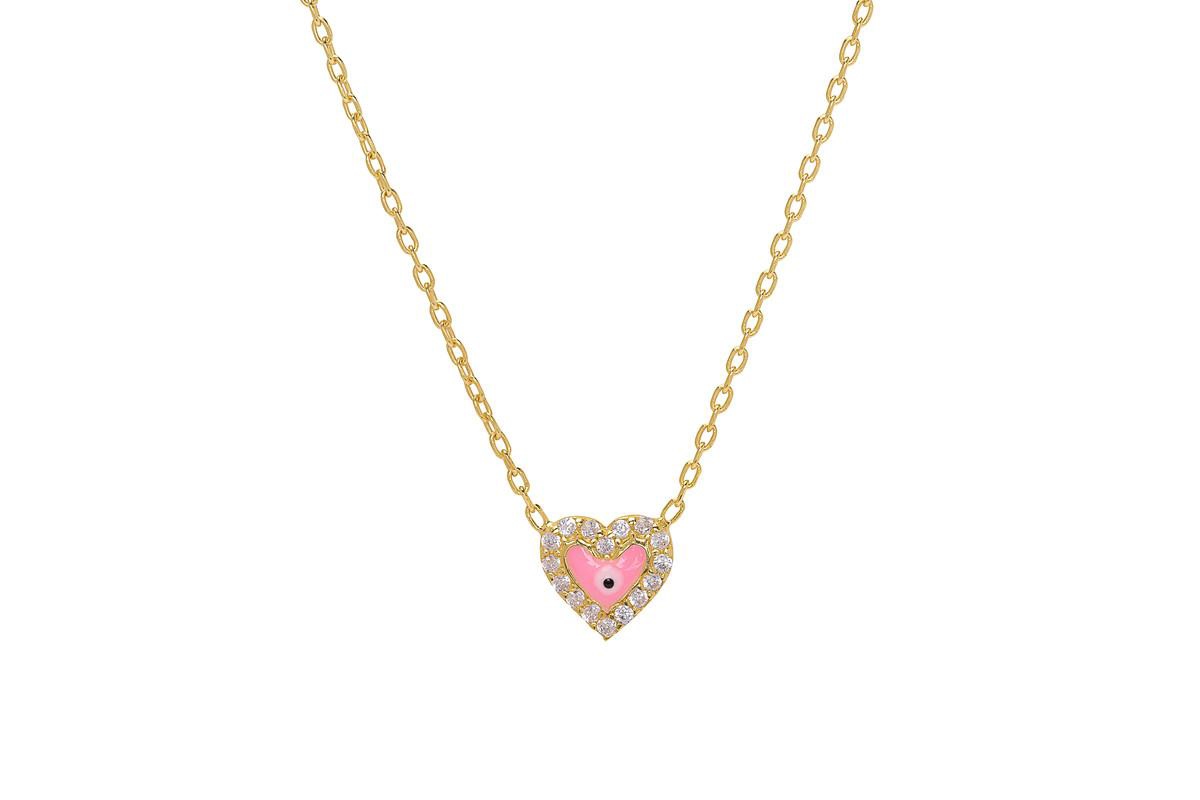 Lily Nily Girls Enamel Evil Eye Heart Cubic Zirconia Necklace in 14K - Pink