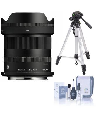 15mm f1.4 DC Contemporary Lens for Canon RF, Bundle with 3-Section Aluminum Tripod with 3-Way Head and Cleaning Kit