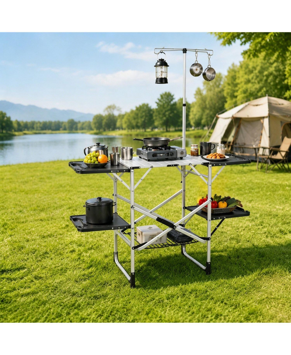 Mountaintop Folding Camping Kitchen Table, Portable Cooking Station with Heat Resistant Top