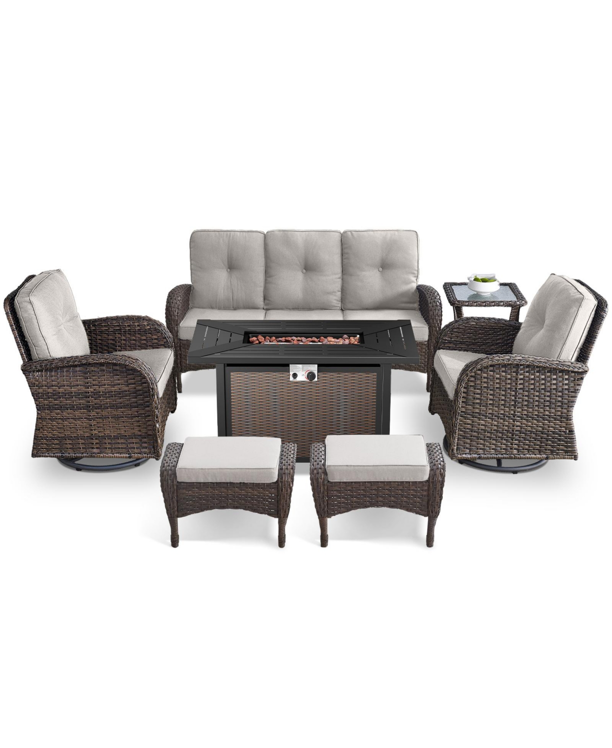 Bellefurn 7-Piece Outdoor Wicker Nighttime Conversation Set for Family and Cozy Backyard Nights with Sofa, Swivel Rocking Chairs Ottomans