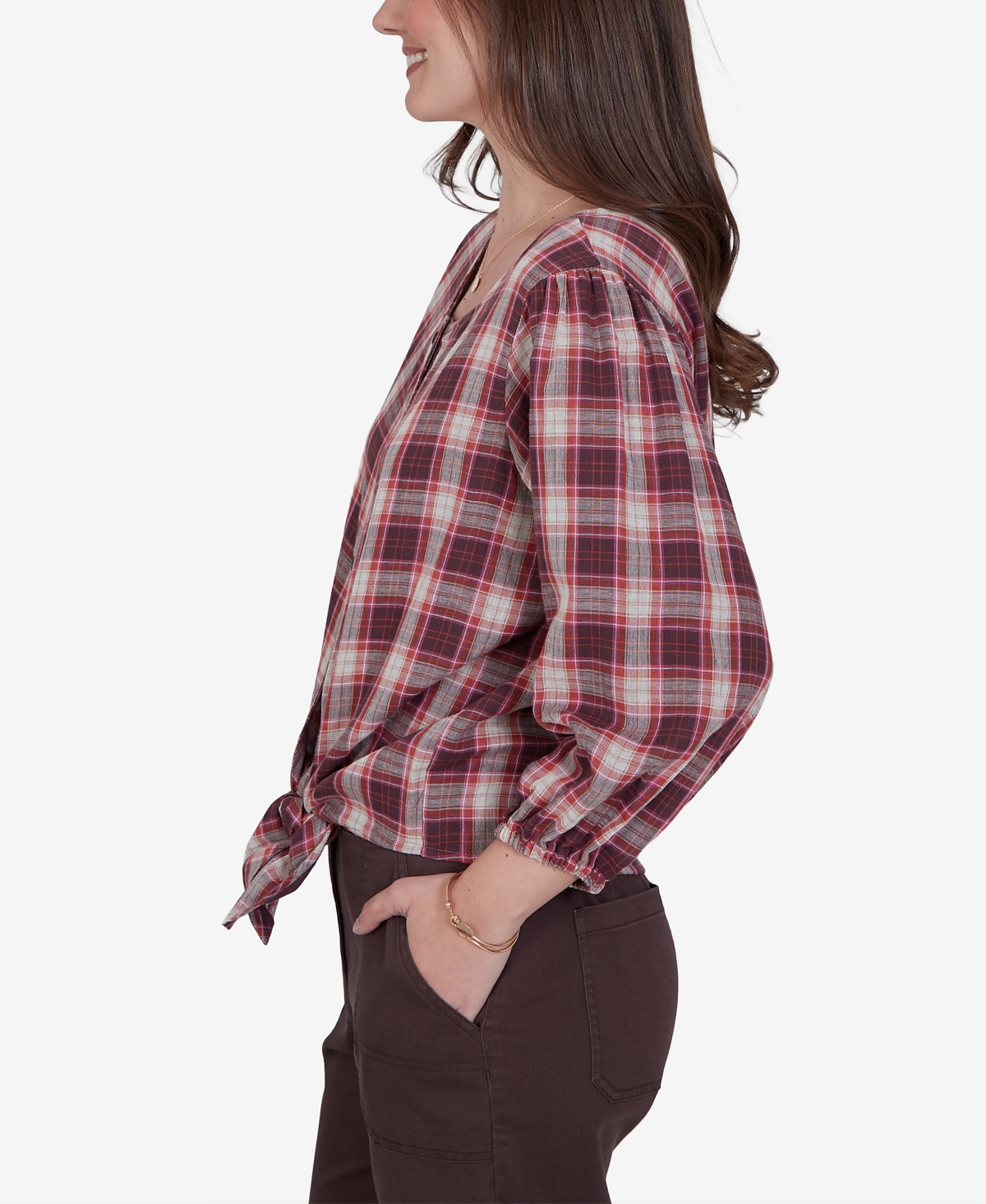 Ruby Rd. Petite Homestead Plaid 3/4-sleeve Button-front Top In Multi