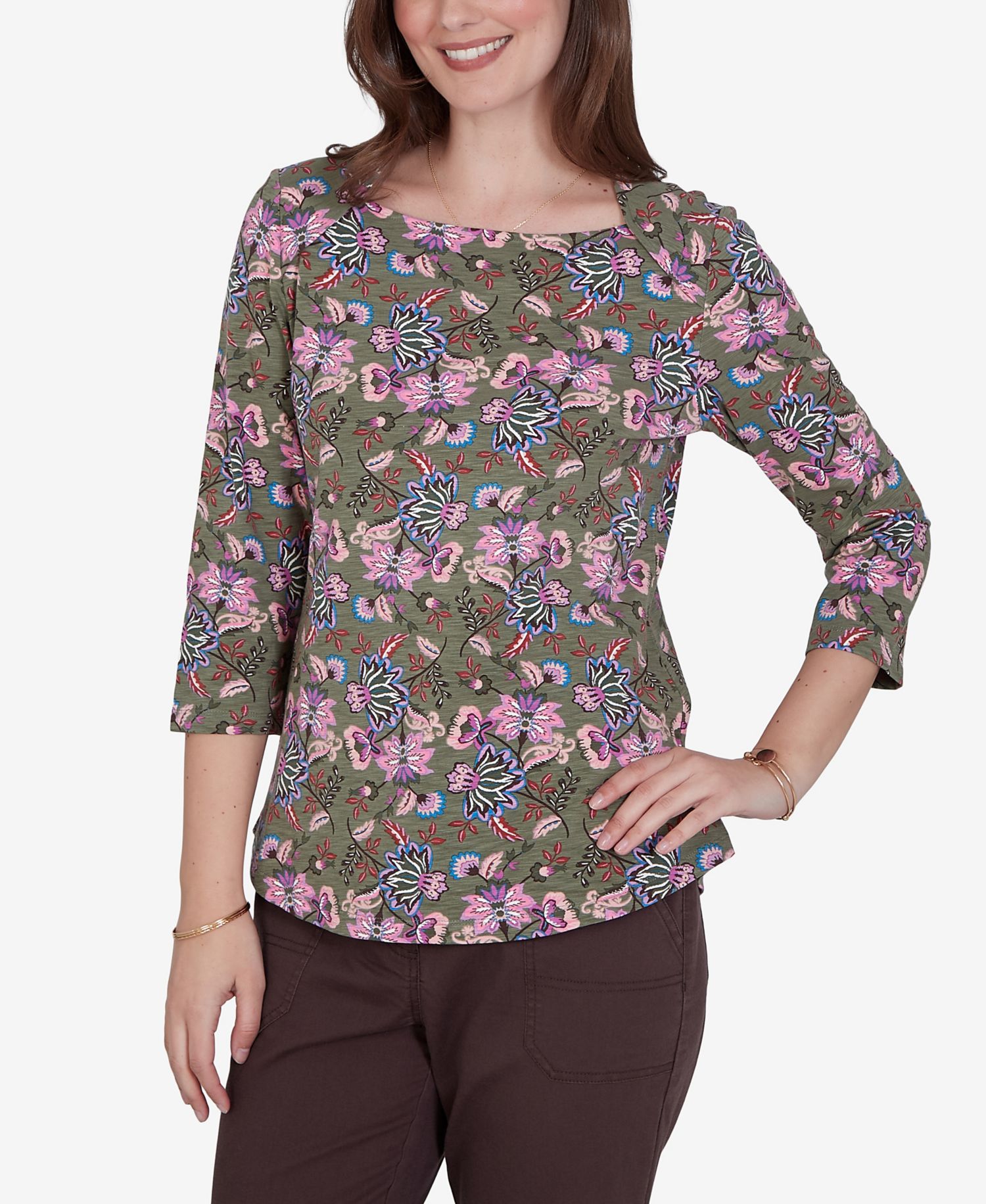 Petite Kint Garden Top Square-Neck 3/4-Sleeve Floral Blouse