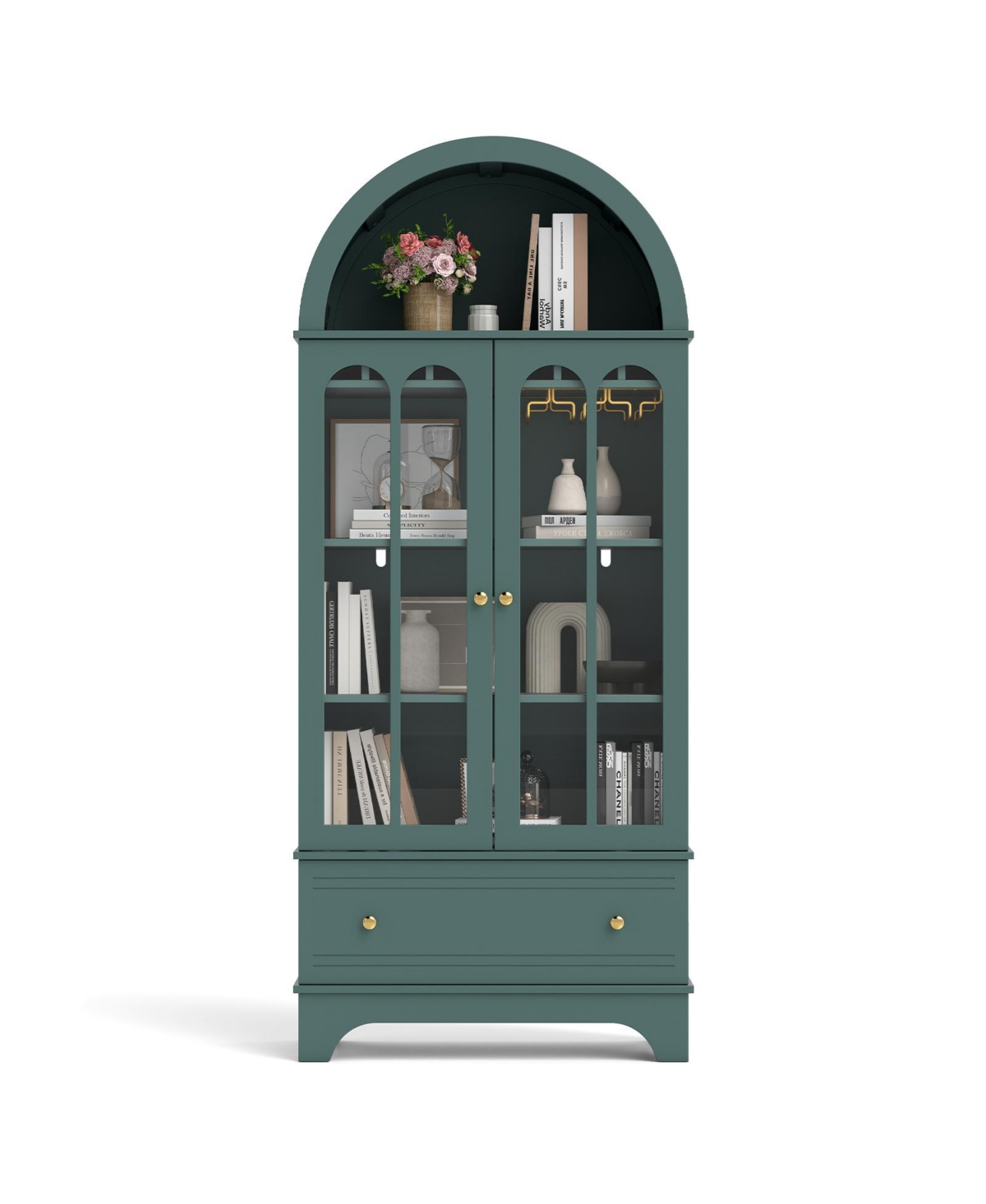 Gymax 71.5'' 5-Tier Arched Cabinet with Tempered Glass Doors Drawer 6-Bottle Wine Rack - Green