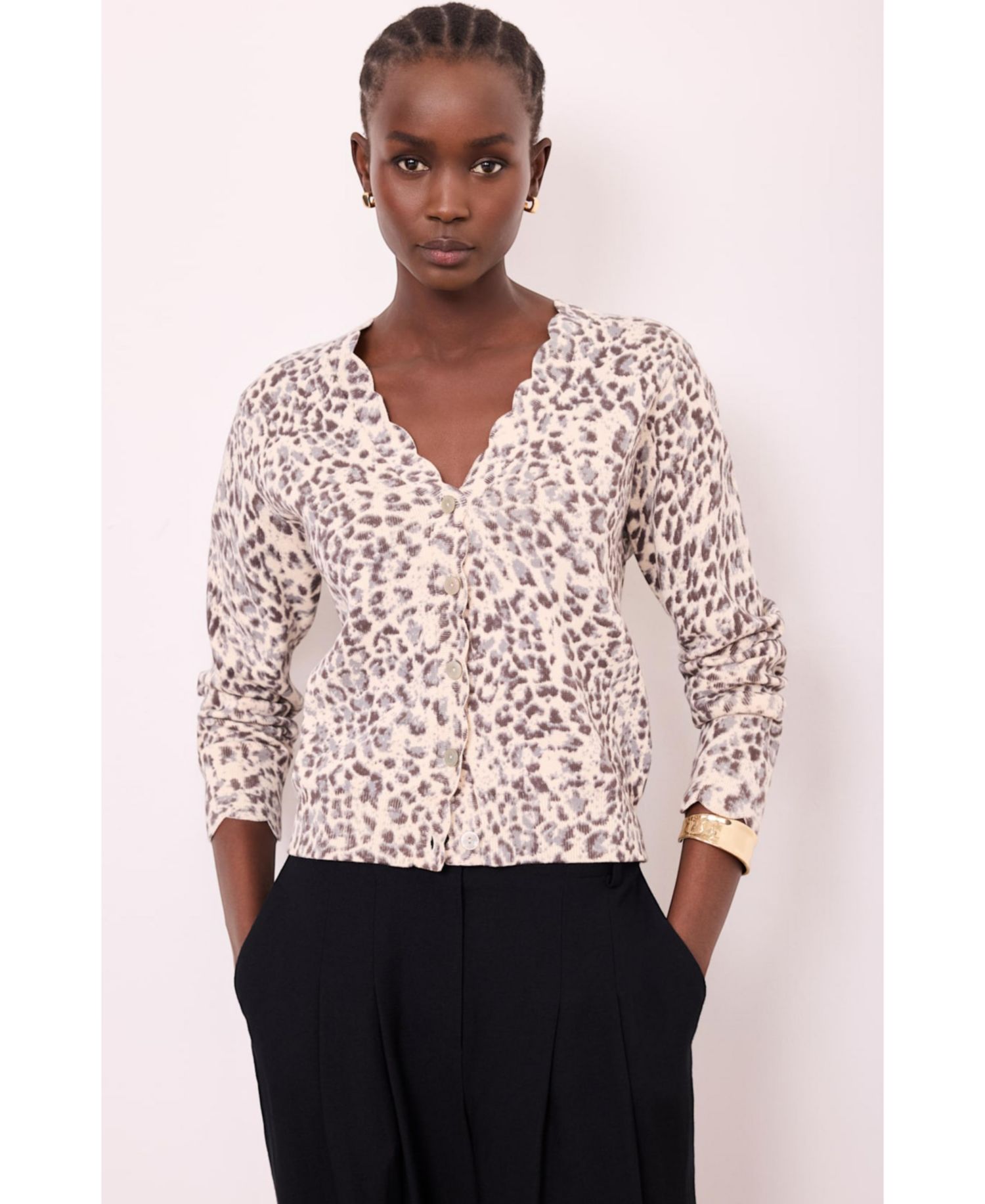Women's Leopard-Print Scallop-Trim Cardigan