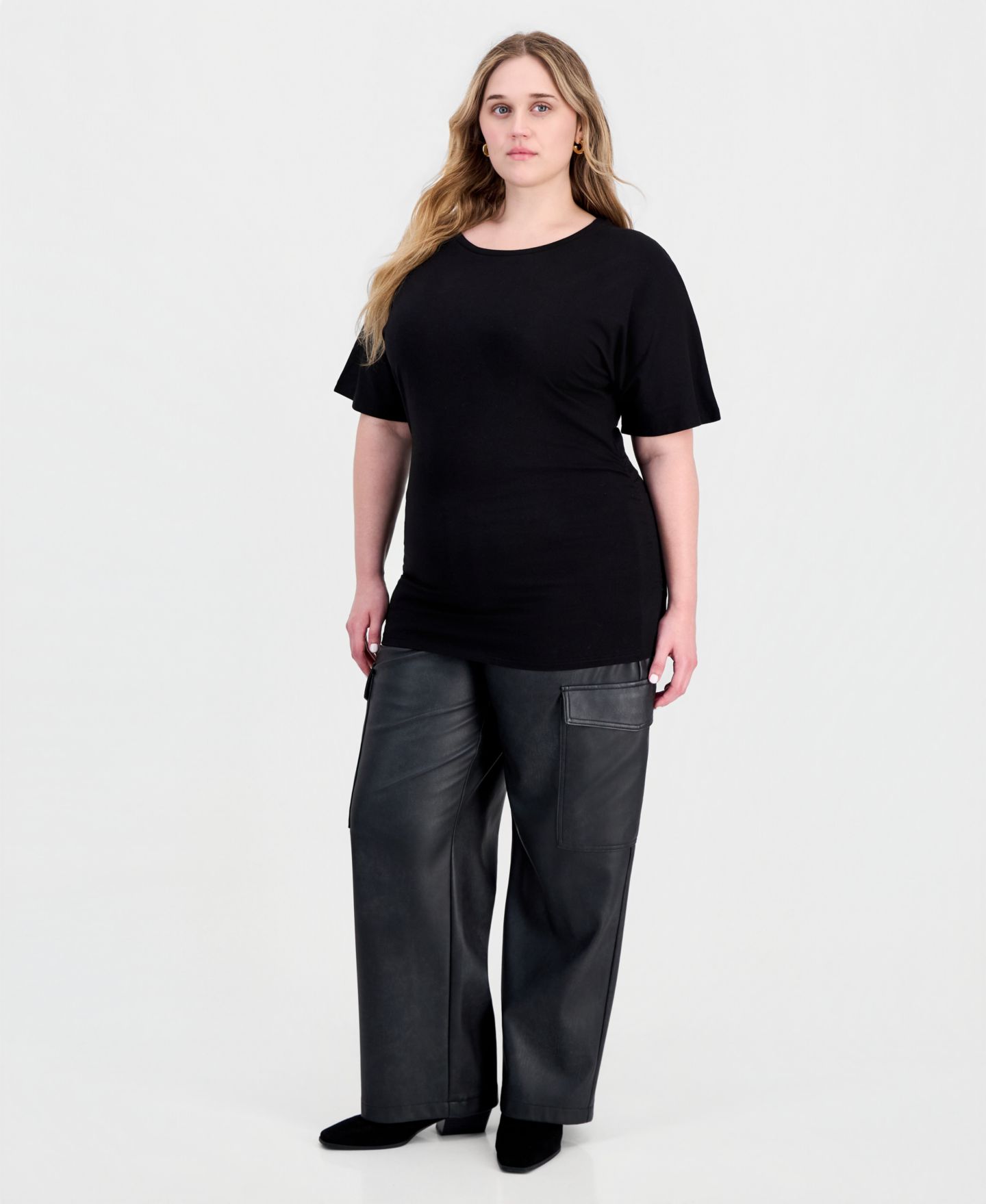 Женская футболка FULL CIRCLE TRENDS Plus Size Kimino Fitted Ruched Cotton-Blend Crew Neck, цвет: Чёрный — фото 4