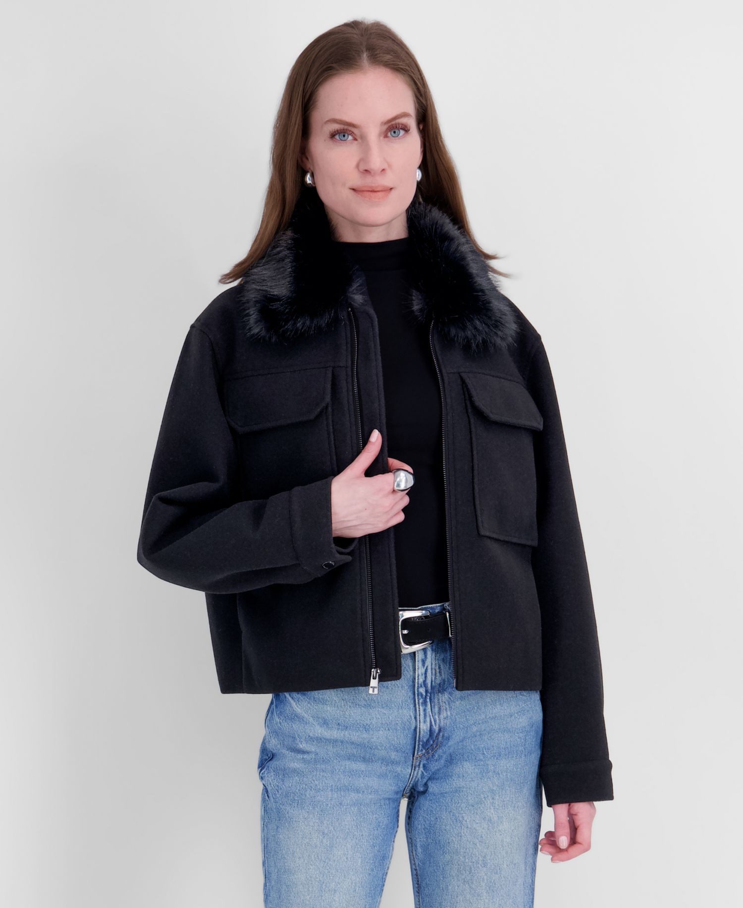 Women's Detachable Faux-Fur Collar Cropped Coat