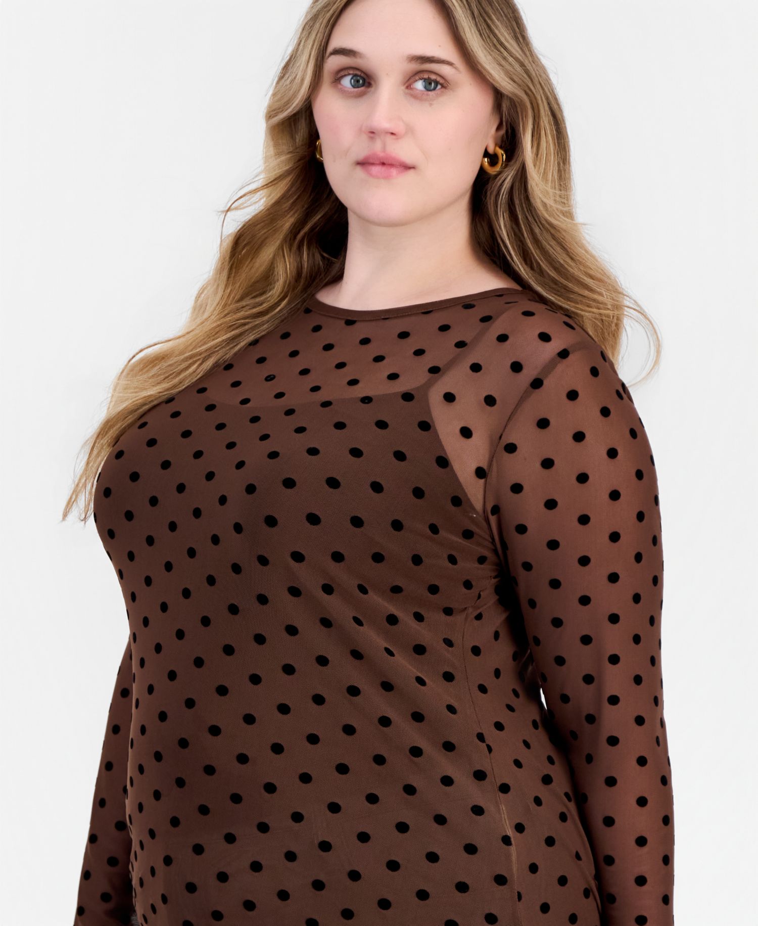 Plus Size Long-Sleeve Crewneck Flocked Mesh Top