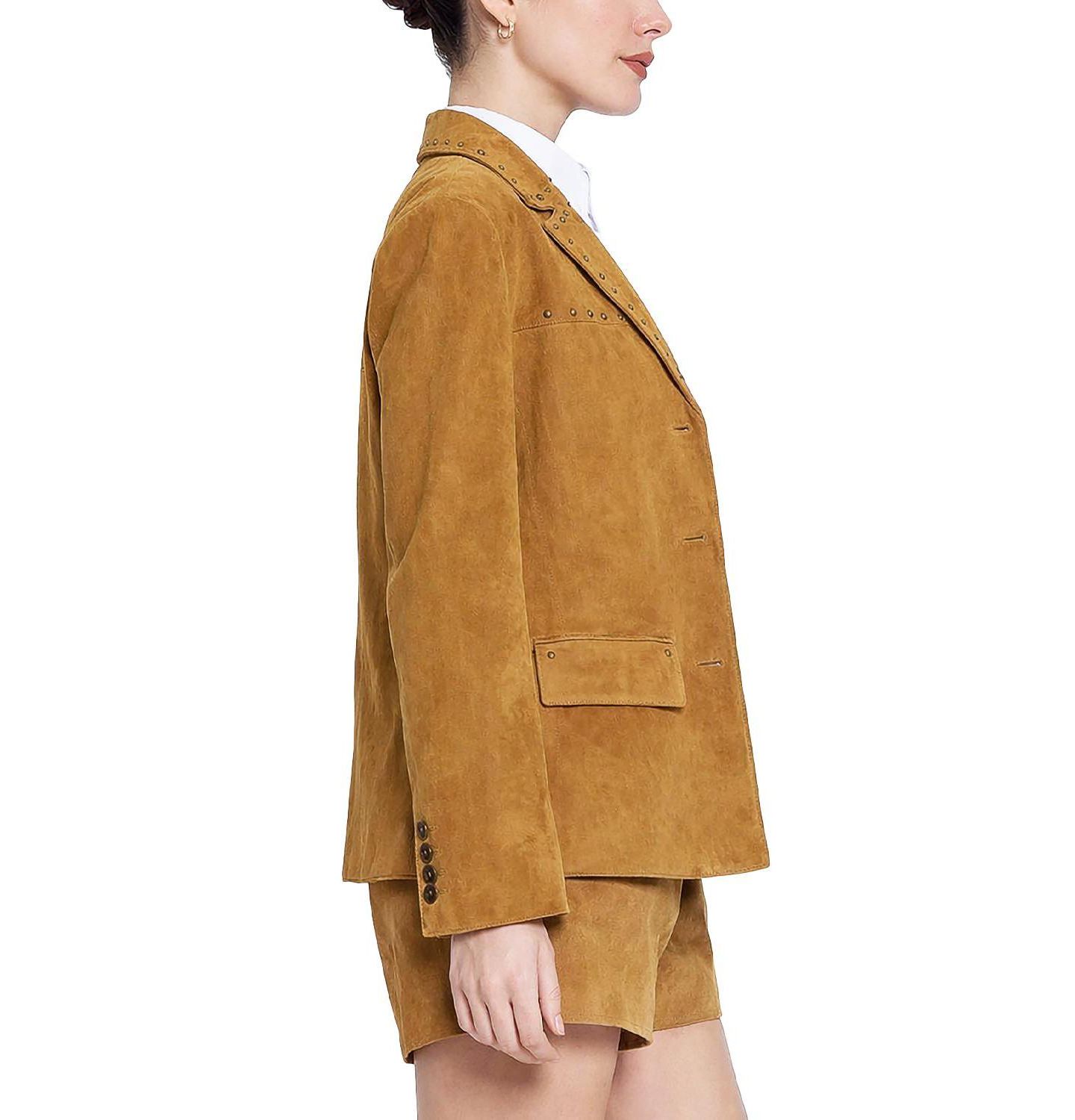 Женский пиджак Central Park West Odessa Studded-Leather Boyfriend Blazer, цвет: Кожаный коричневый — фото 2