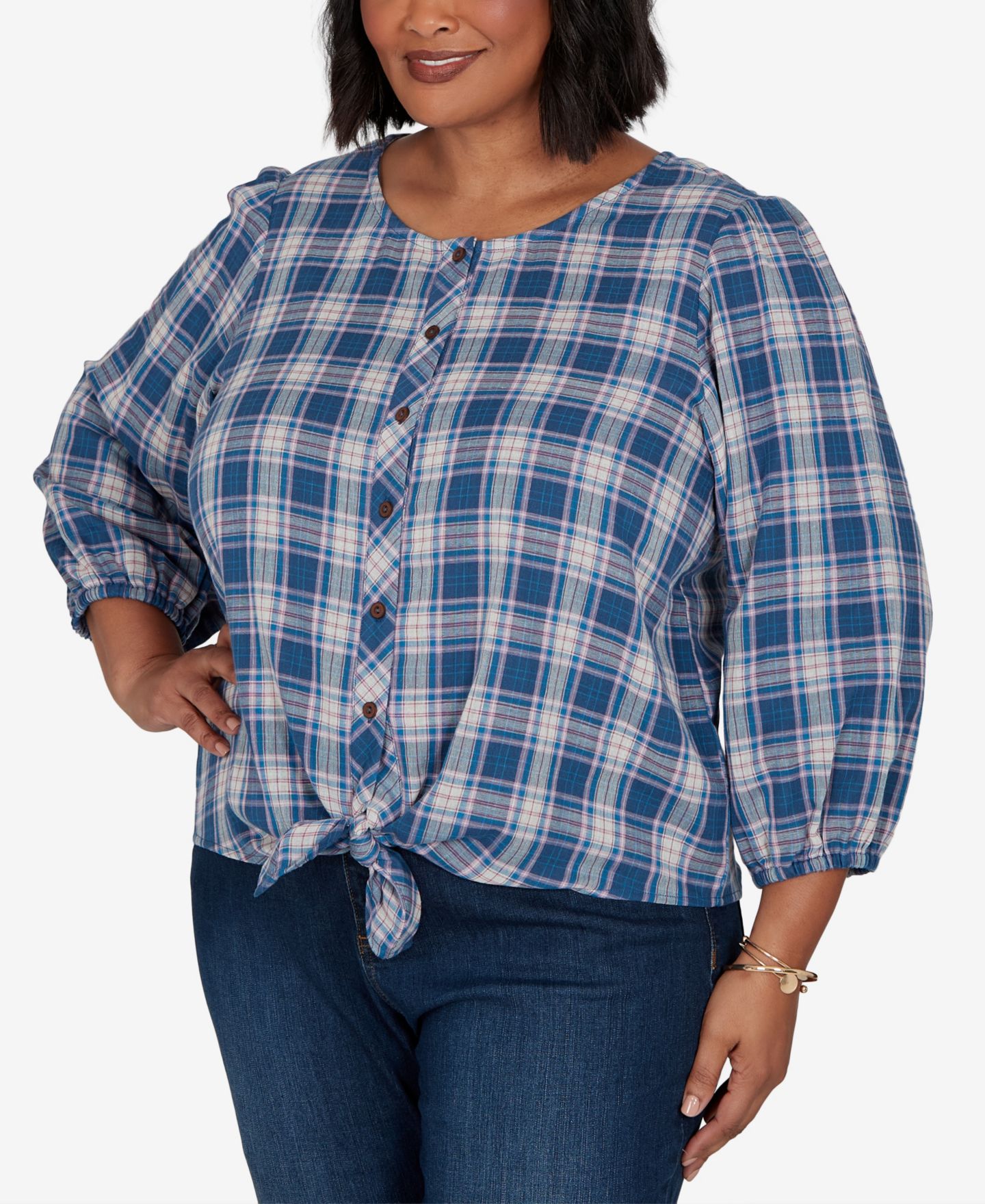 Женский топ Ruby Rd. Plus Size Homestead Plaid 3/4-Sleeve Button-Front, цвет: Разноцветный — фото 3
