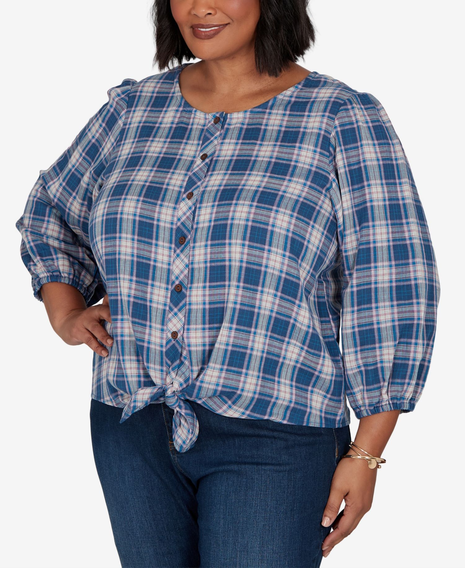 Plus Size Homestead Plaid 3/4-Sleeve Button-Front Top