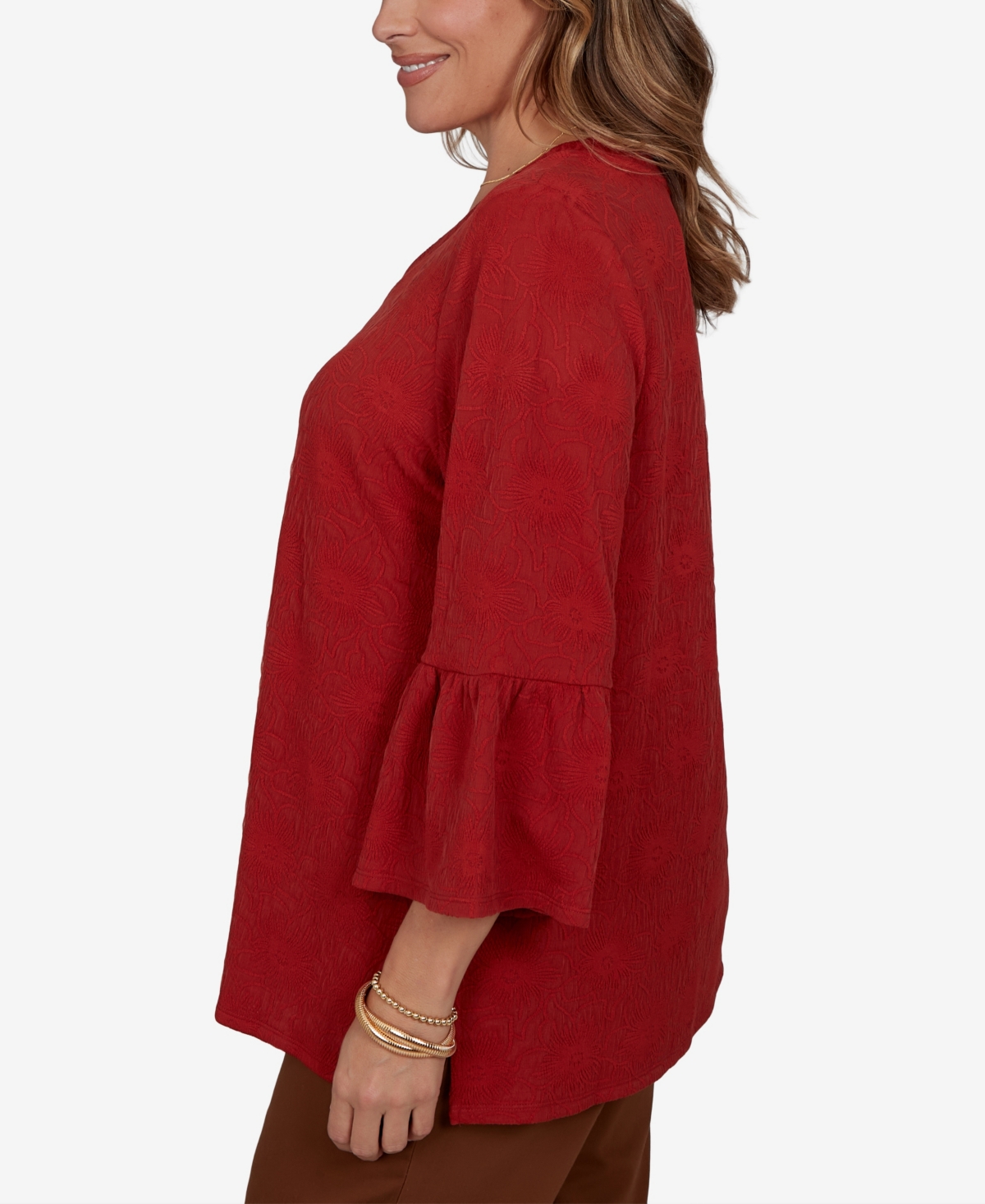 Ruby Rd. Plus Size V-neck Floral Bell-sleeve Blouse In Red