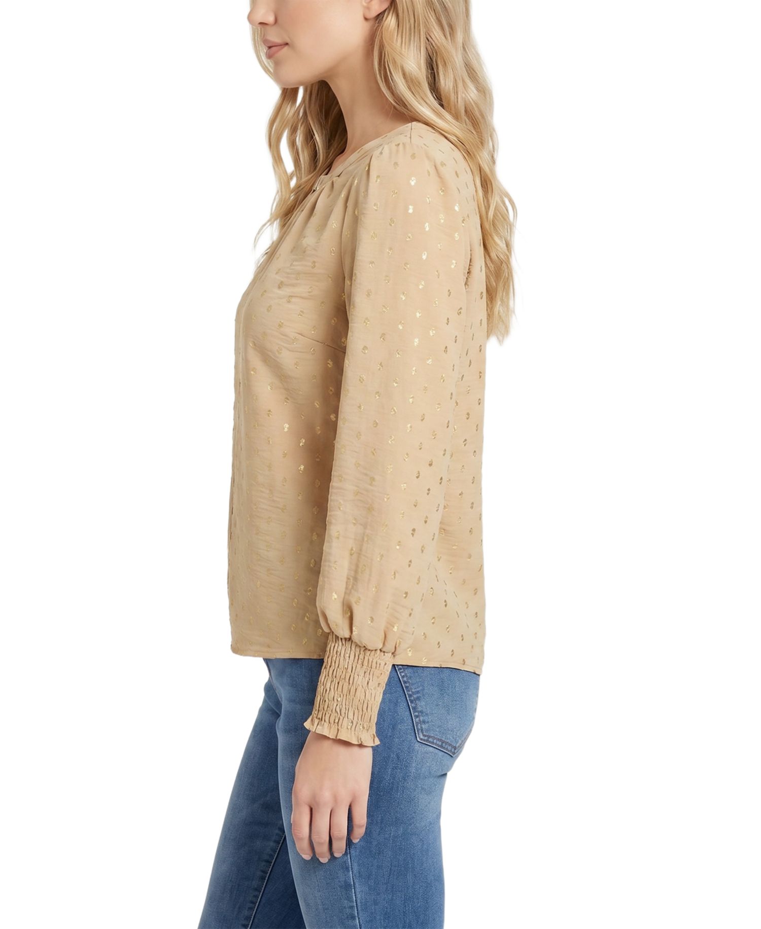 Petite Long-Sleeve Metallic Split-Neck Blouse