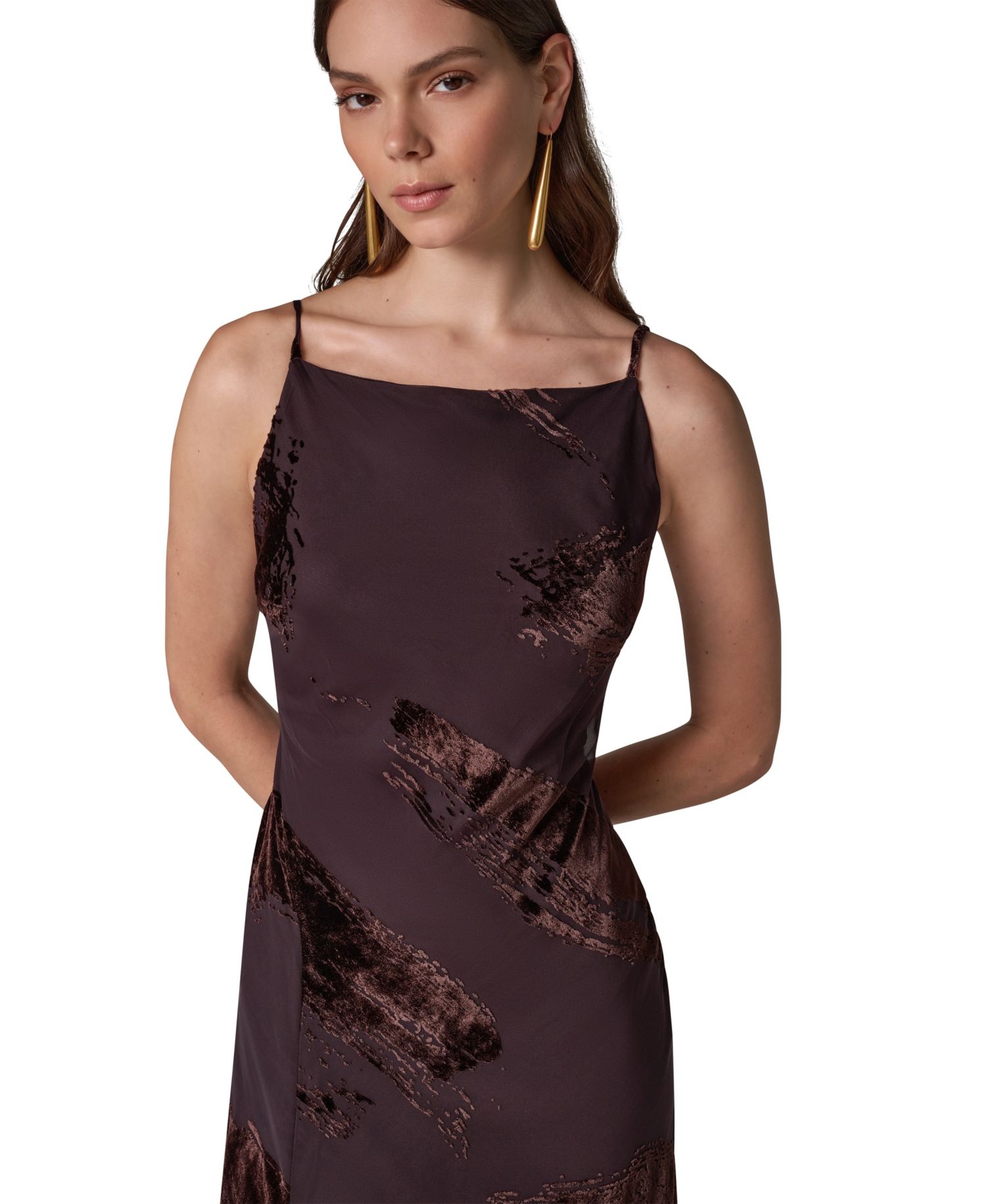 Women's Boat Neck Velvet-Burnout Gown with Low V-Back