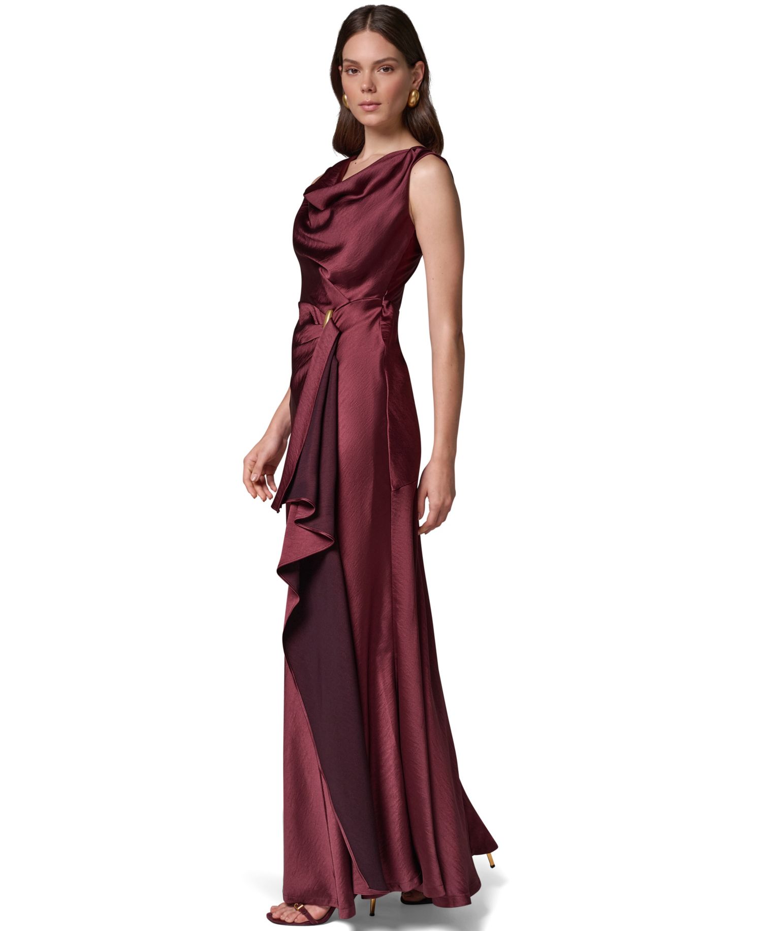 Women's Sleeveless Cowl Neck Satin Ruched Gown