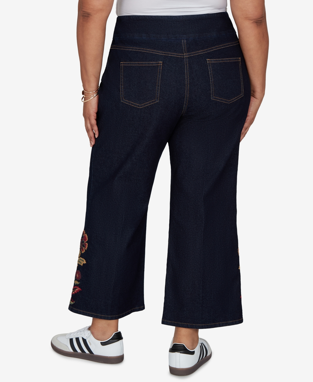Ruby Rd. Plus Size Pull-on Wide-leg Embroidered Jeans In Blue