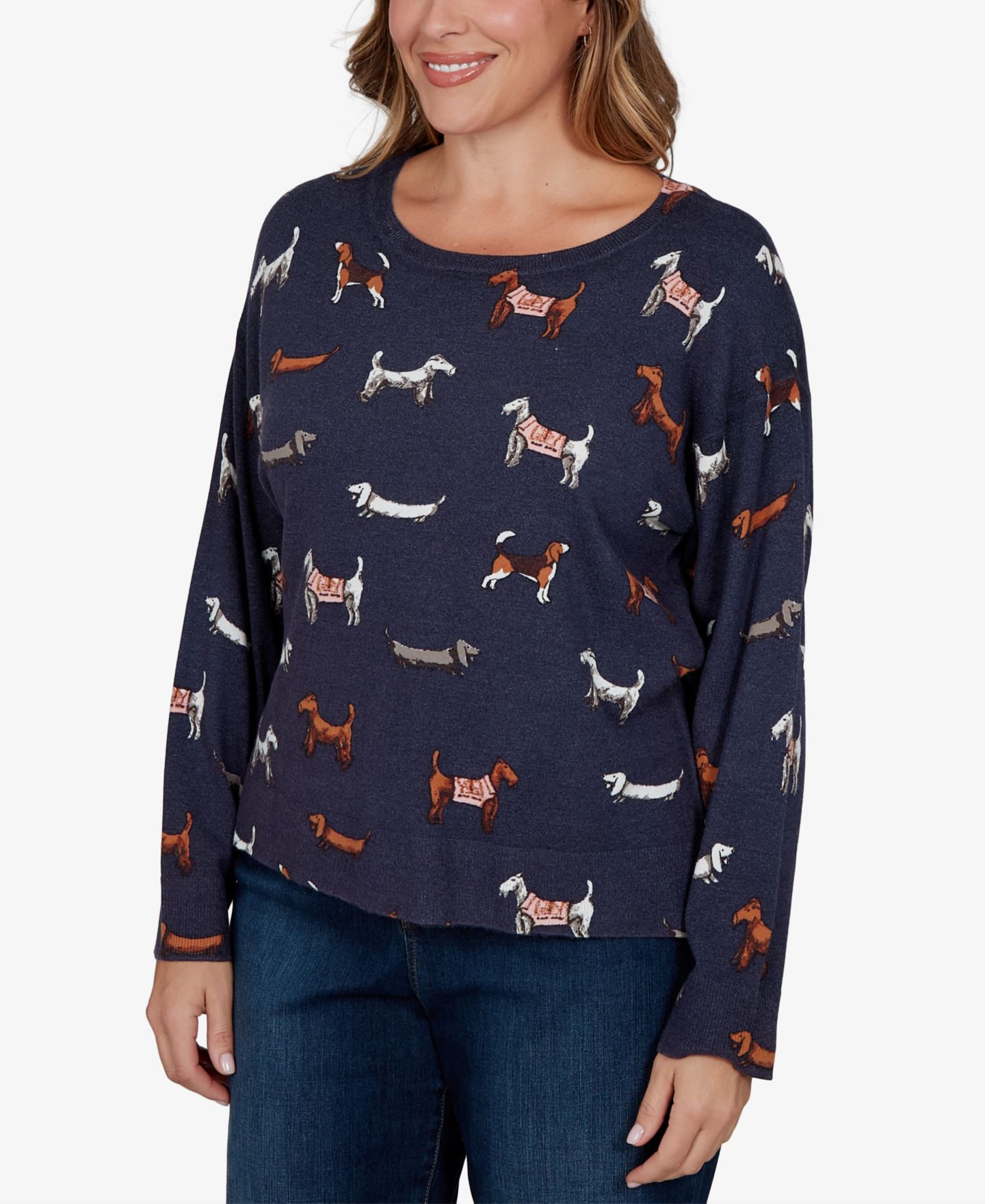 Женский свитер Ruby Rd. Plus Size Ballet Neckline Allover Dog Print Long-Sleeve, цвет: Тёмно-синий разноцветный — фото 2