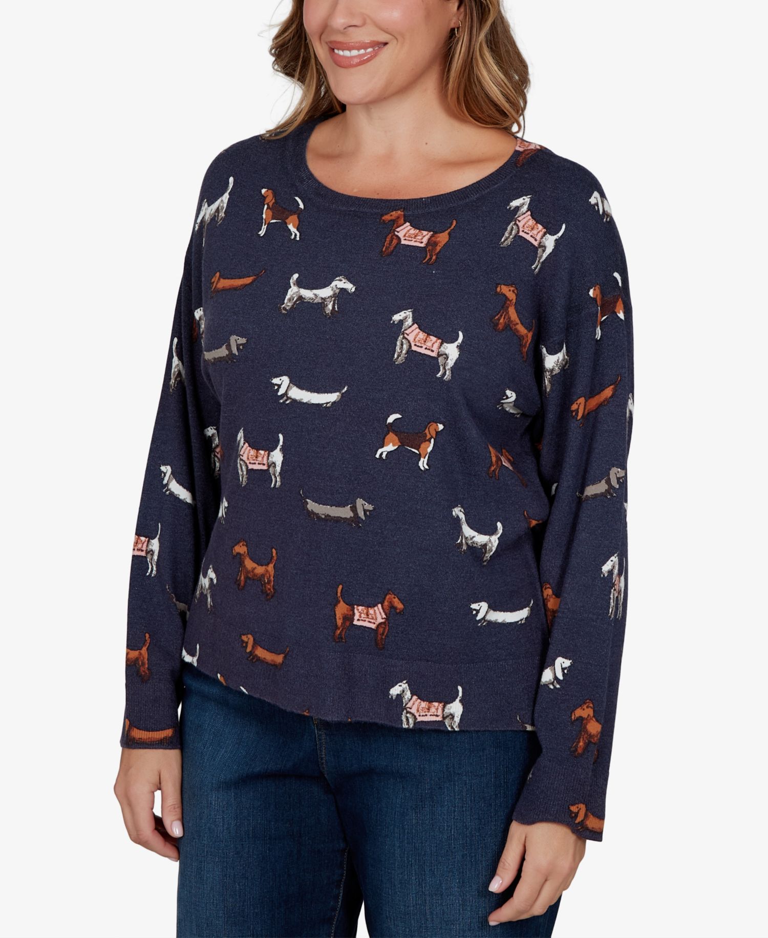 Plus Size Ballet Neckline Allover Dog Print Long-Sleeve Sweater