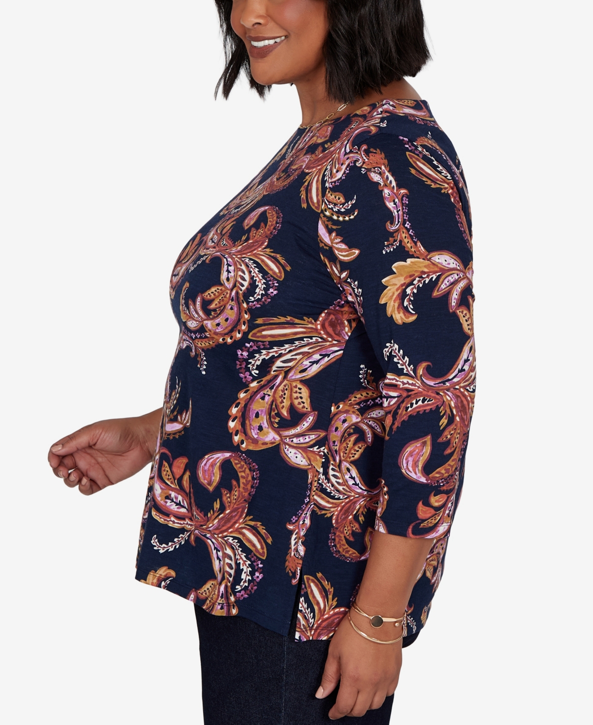 Ruby Rd. Plus Size Paisley 3/4-sleeve Boat-neck T-shirt In Blue