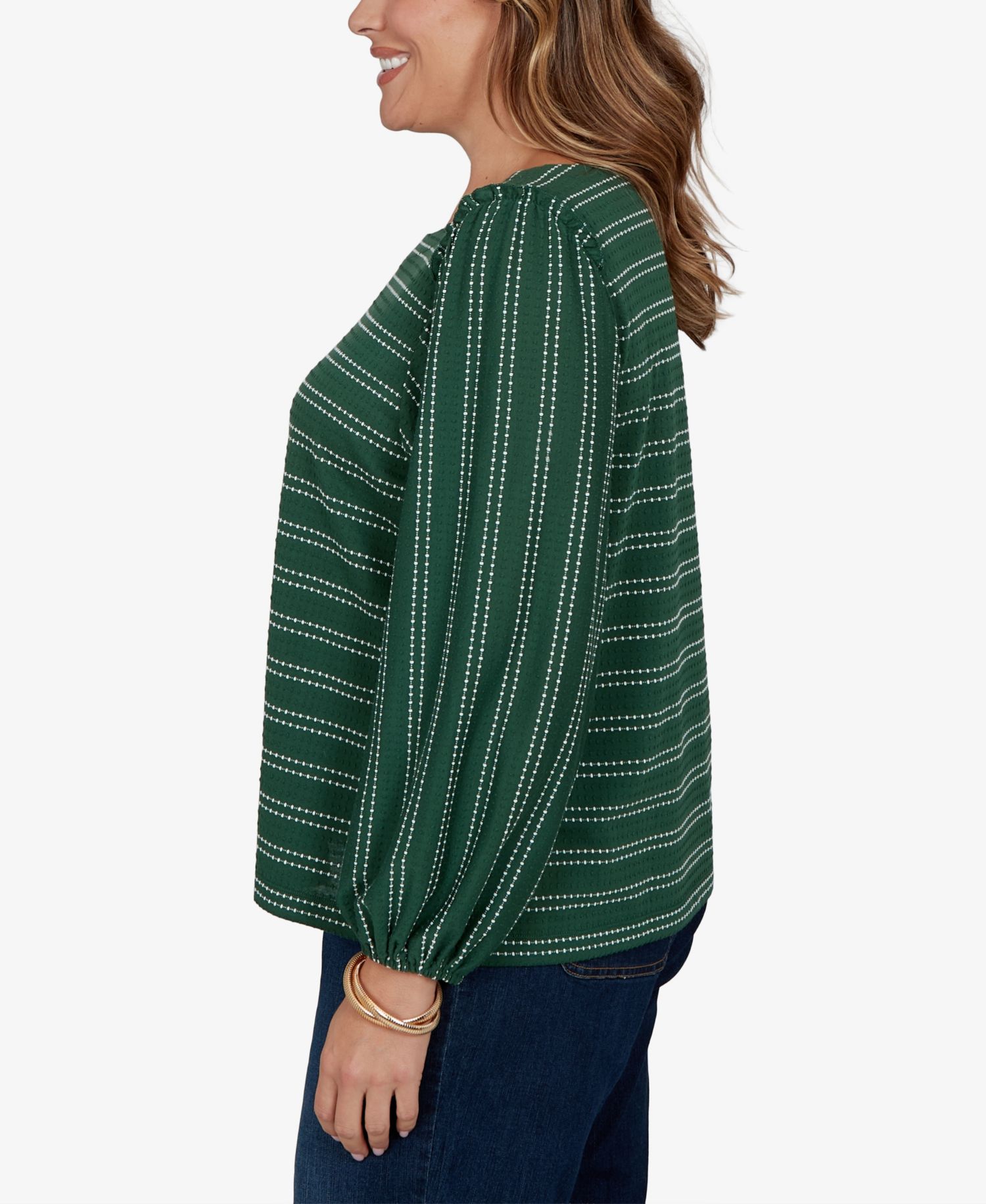 Plus Size Dobby Stripe Long-Sleeve Boat Neck Blouse