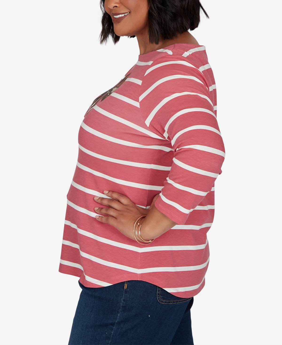 Ruby Rd. Plus Size Boat Neck 3/4-sleeve Striped T-shirt In Red