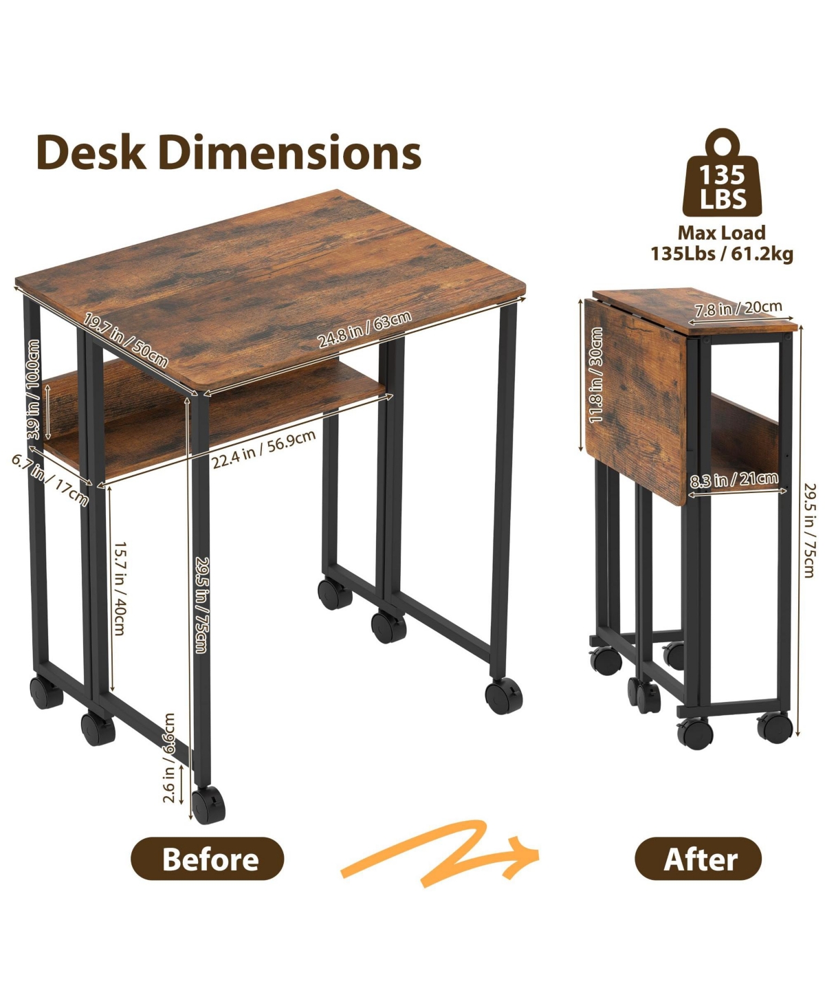 gaomon Folding Computer Desk with Storage Shelf 24.8" Mobile Rolling Table on Wheels Space Saving Collapsible Writing Desk for Small Space Home Office