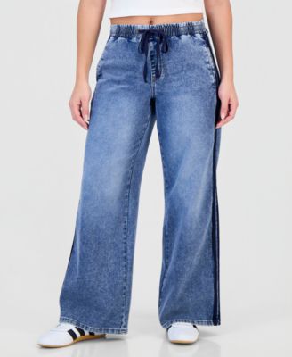 Juniors' Mid-Rise Wide-Leg Knit Denim Jeans with Side-Stripe