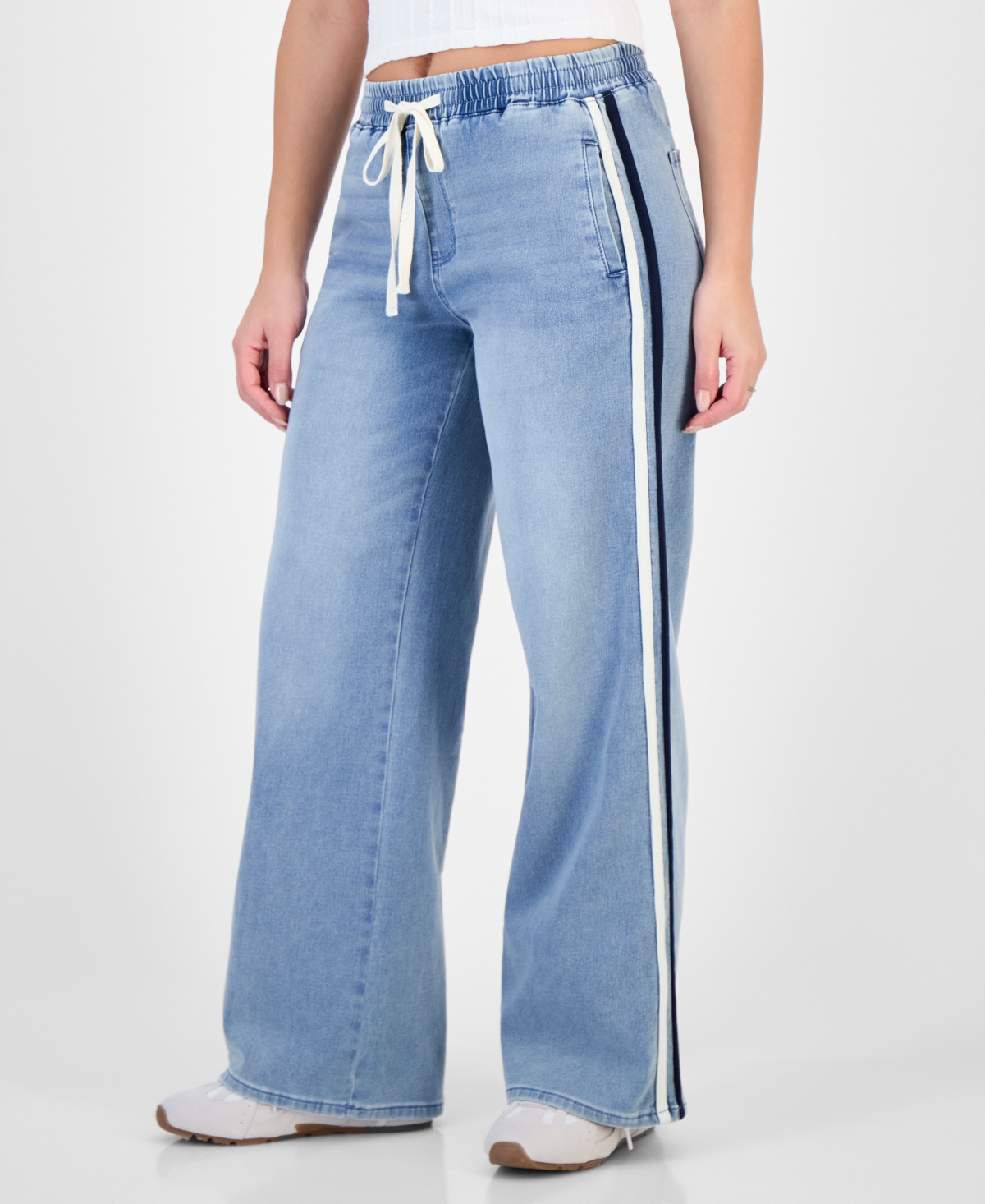 Project Indigo Juniors' Mid-Rise Wide-Leg Knit Denim Jeans with Side-Stripe