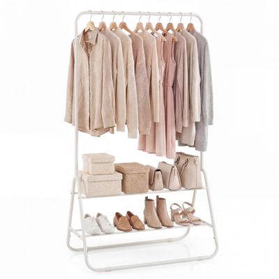 Heavy Duty Clothes Rack with Hanging Rod and 2 Storage Shelves Freestanding Garment Organizer