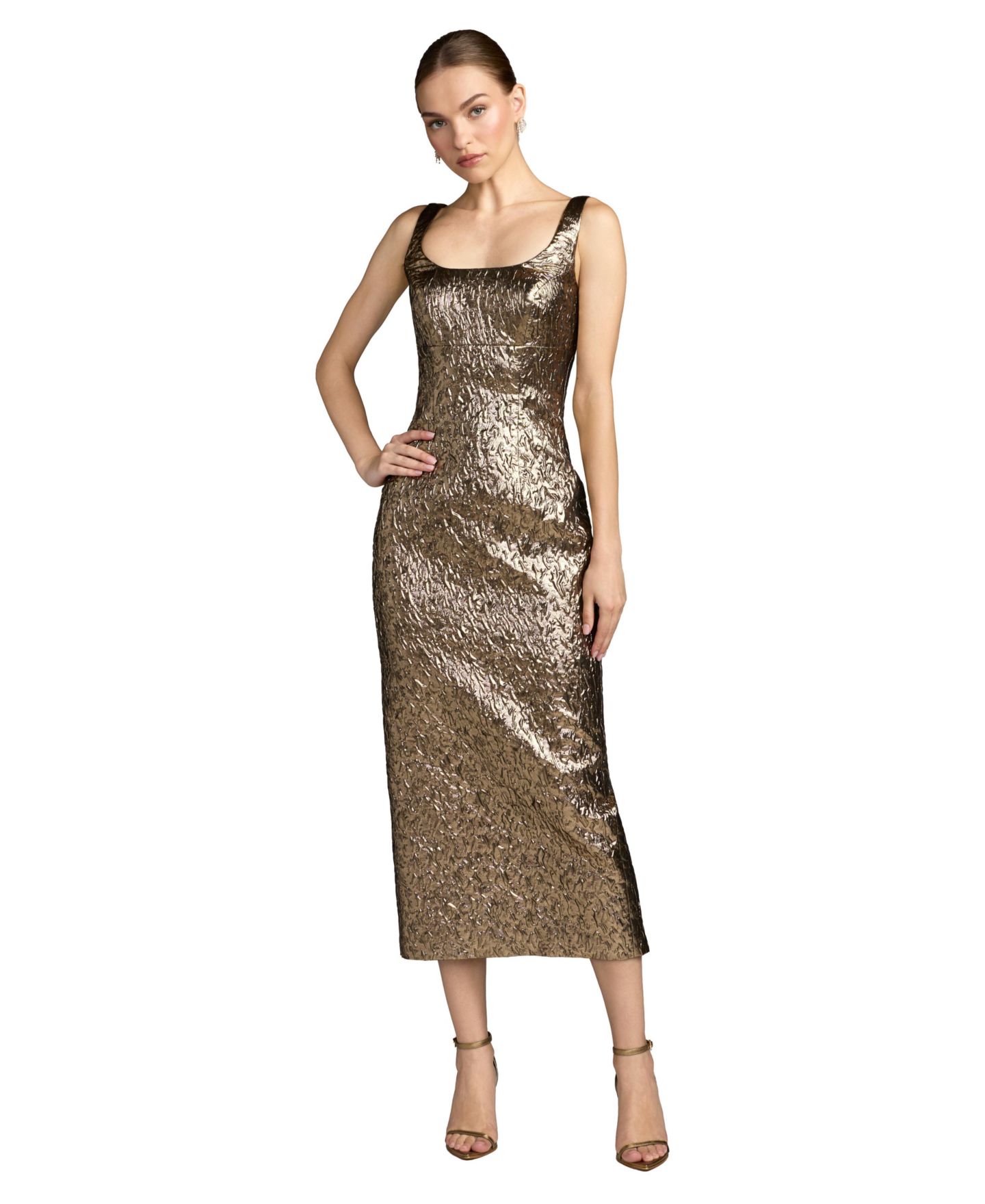 Женское платье Mac Duggal Long Sleeve Pleated Charmeuse Handkerchief Midi, цвет: Золотой — фото 1