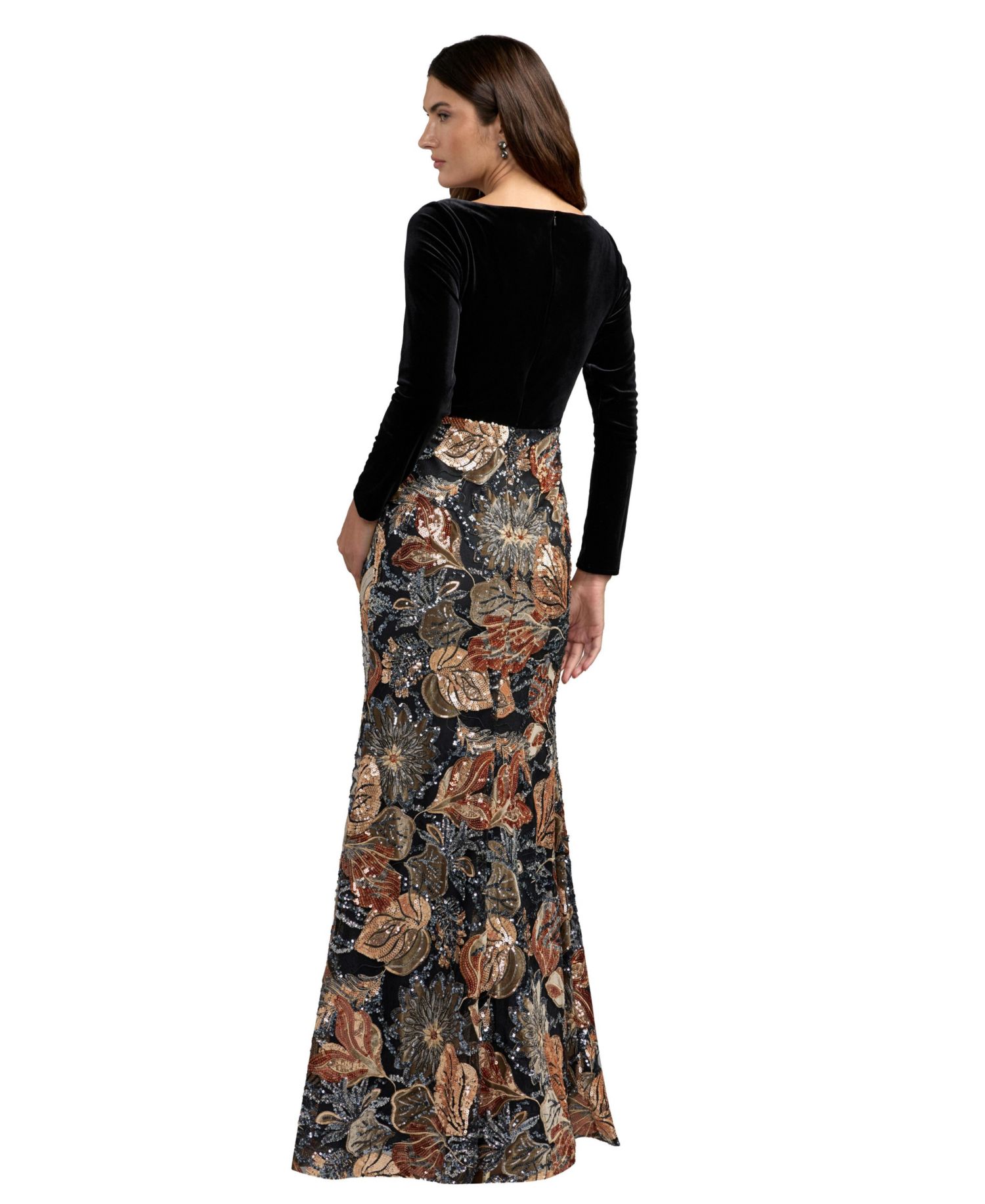 Women's V-Neck Long-Sleeve Floral-Embroidered Velvet Gown