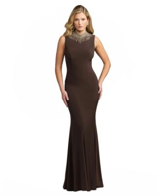 Women's Rhinestone-Embellished Mock-Neck Trumpet Gown