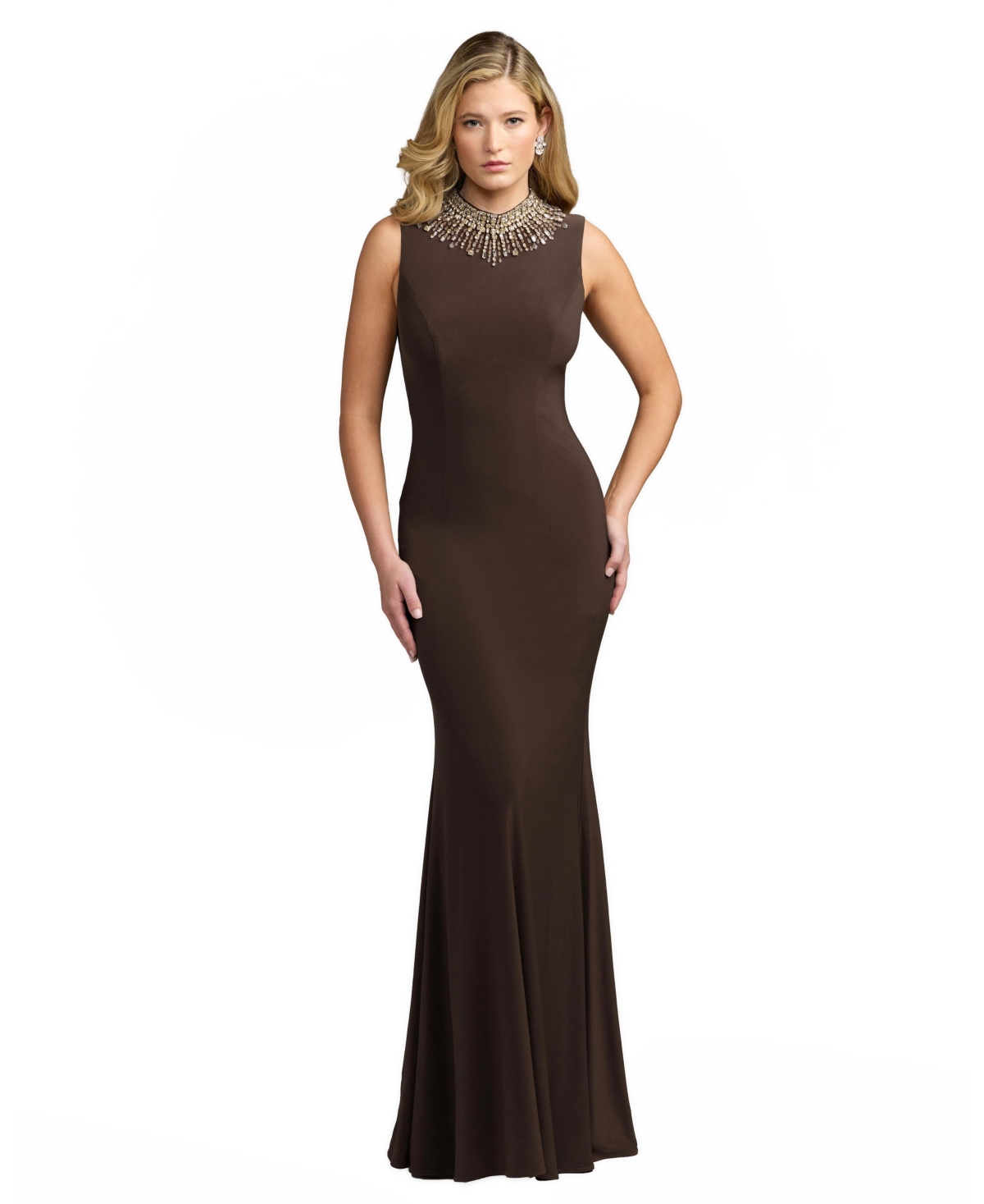 Ieena for Mac Duggal - Chocolate Embellished High Neck Jersey Gown - Chocolate / US 14