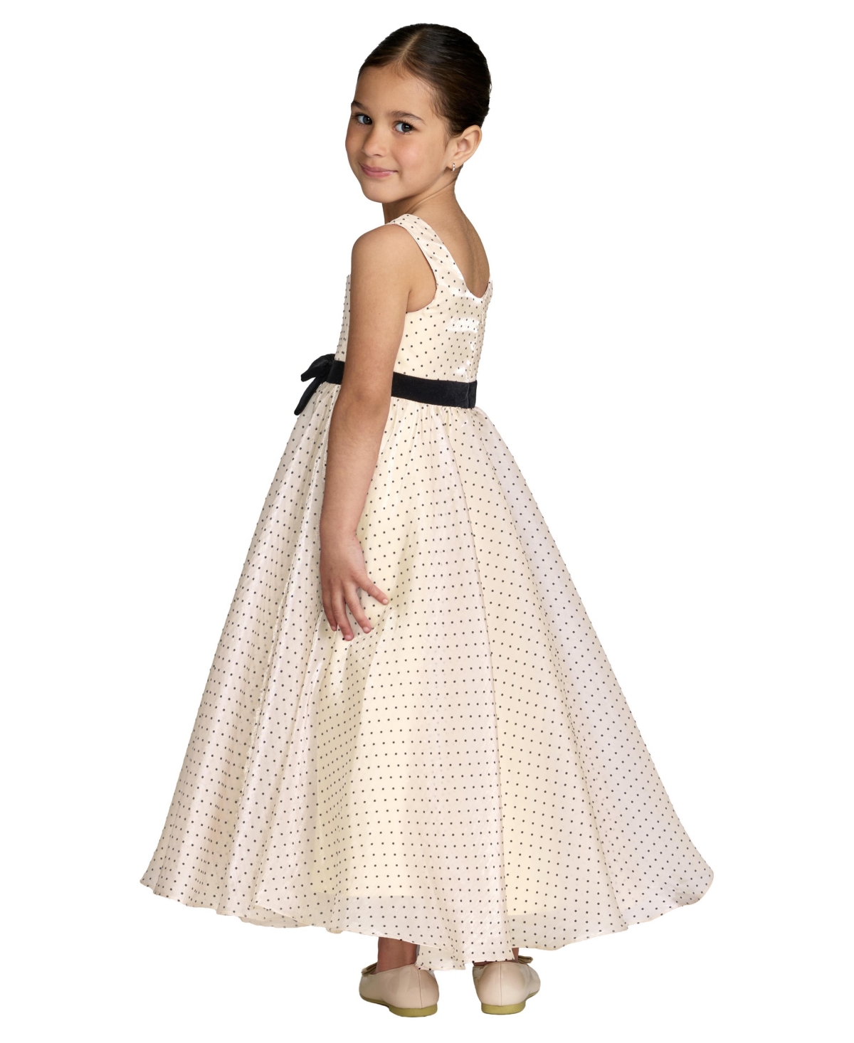 Mac Duggal Little Girls Polka Dot Chiffon Maxi Dress with Bow Sash