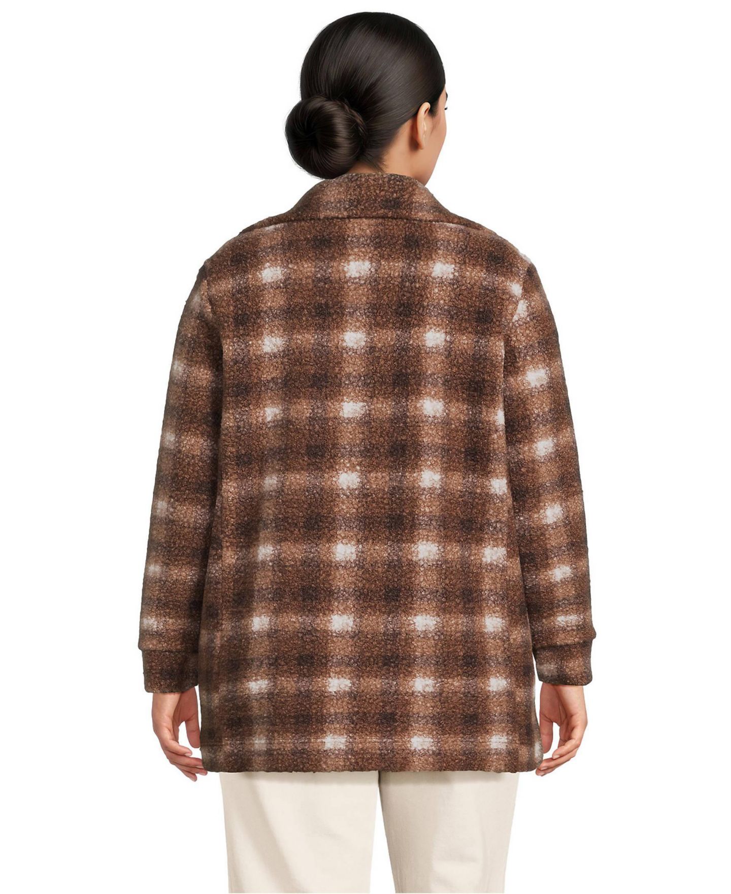 Женское пальто Lands' End Plus Size Plaid Boucle Fleece, цвет: Кофейный клетчатый — фото 2