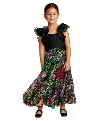 Big Girls Sequin Floral Maxi Dress with Ruffle Sleeves
