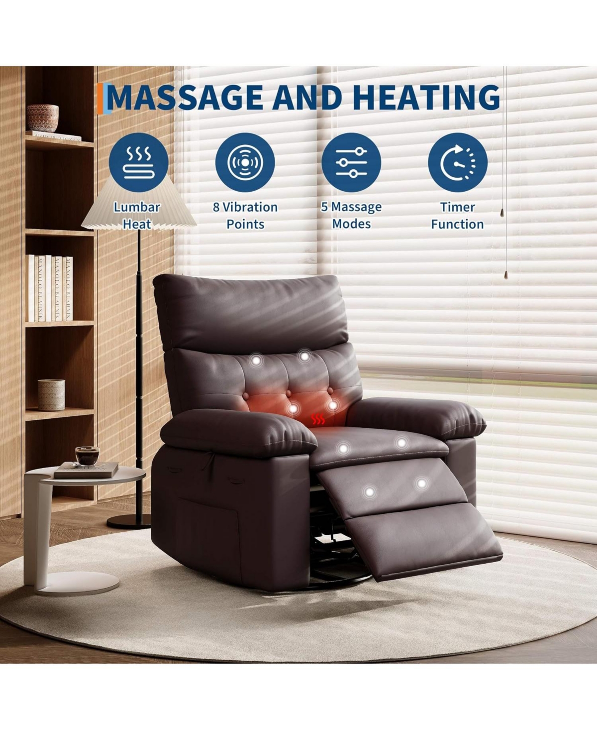 Leather Manual Recliner Chair for Adults with Heat and Massage, 360degree(s) Swivel, 30degree(s) Rocking, Nursery Glider, Single Sofa for Living Room